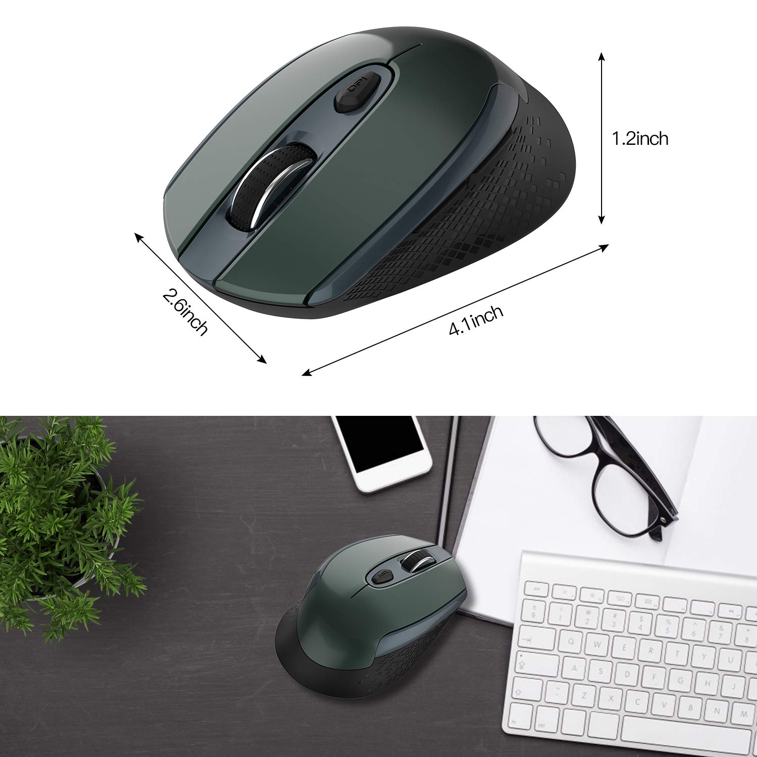Cimetech Wireless Mouse - 2.4G Ergonomic Optical Mouse with 6 Buttons, Silent Click & USB Receiver | 3 Adjustable DPI (800/1200/1600) for Laptop, Desktop, Mac, PC - Dark Green | Perfect for Office, Gaming & Home Use