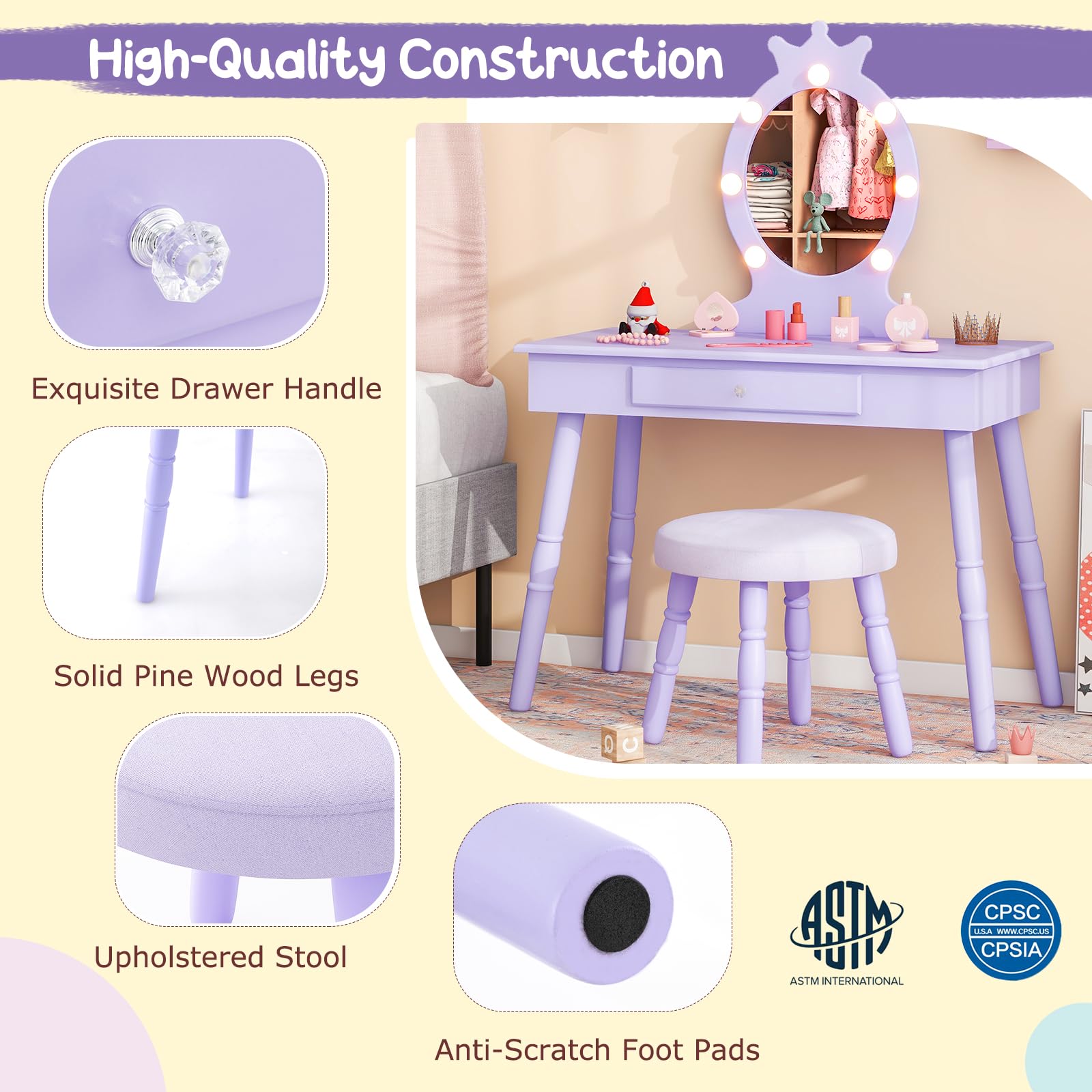Costzon Kids Vanity Set with Mirror, Stool & LED Lights - 2-in-1 Wooden Makeup Dressing Table with Drawers for Girls - Pretend Play Toddler Vanity Desk & Chair Set (Violet) - Perfect for Birthday Gifts & Princess Room Decor