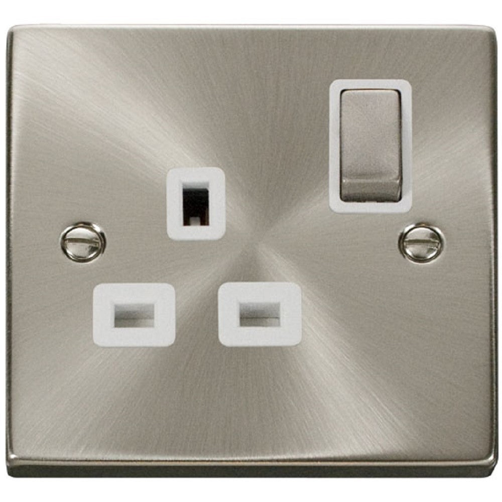 Click Deco Satin Chrome 13A Single Socket VPSC535WH - Modern Electrical Outlet for Home & Office - Perfect for Bedrooms, Living Rooms and Workspaces
