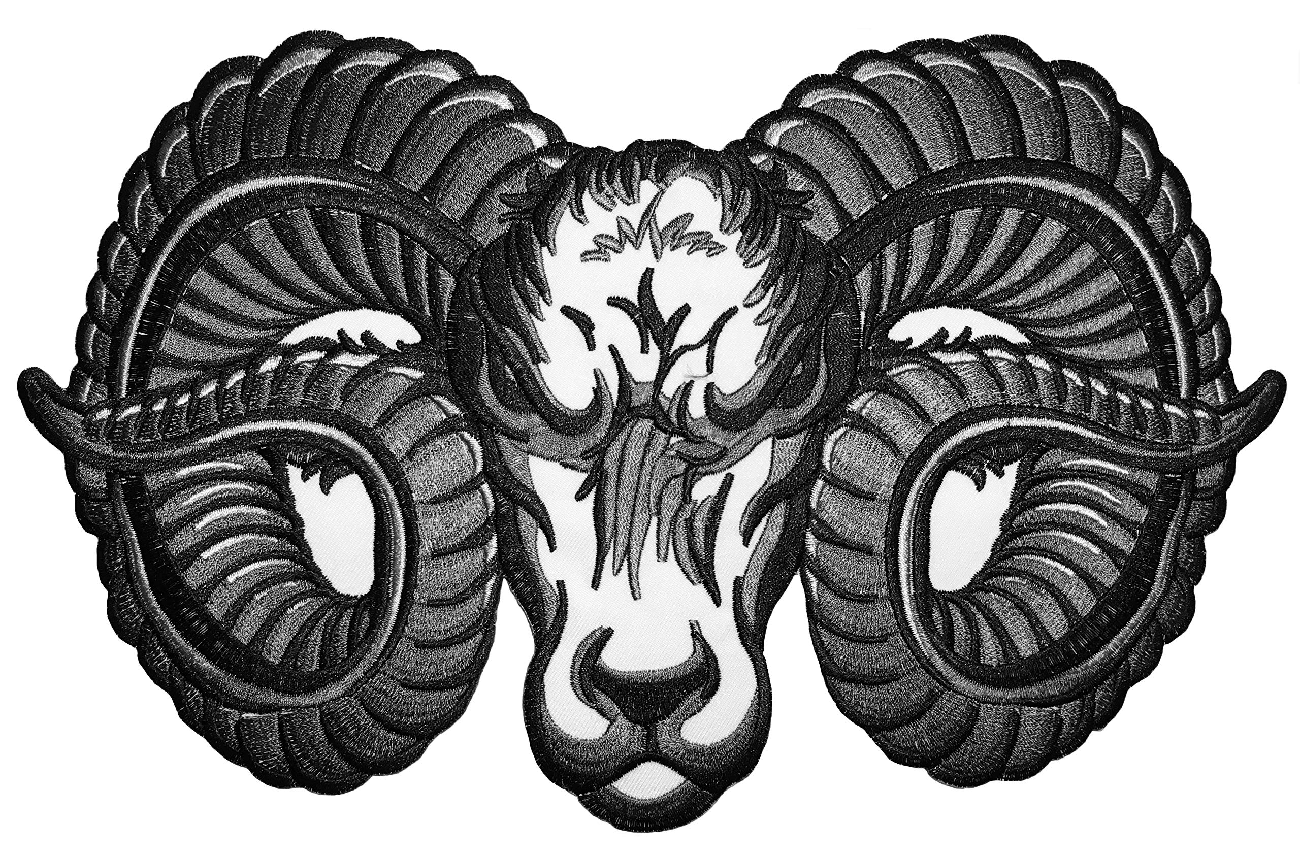 Large Embroidered Iron-On Patch - Horned Goat Head Sheep Ram Design for Biker Jackets & Motorcycle Vests | DIY Sew On Applique for Leather Vests, Denim Jackets & Biker Gear (Iron-Horned-Goat-Large)