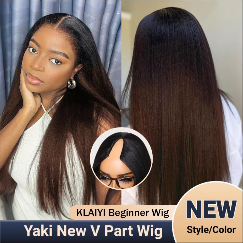 KLAIYI Ombre Brown V Part Human Hair Wig - Yaki Straight 24 Inch Glueless U Part Wig with Dark Roots, No Glue No Lace, Easy Wear & Go for Beginners | Perfect for Daily Wear, Parties, Cosplay & Protective Styling