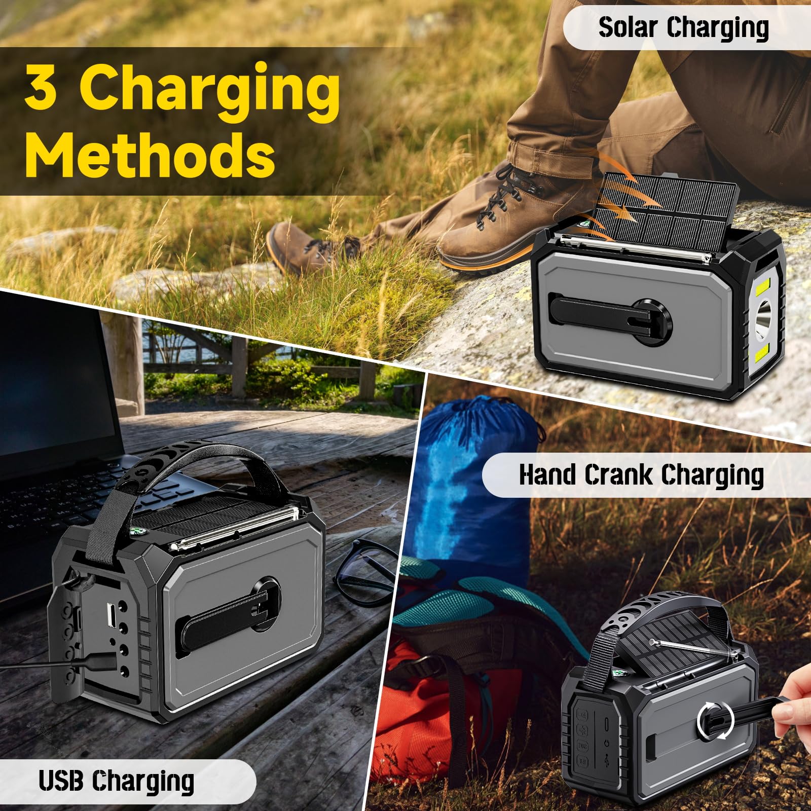 59200mWh Solar Emergency Radio - 16000mAh Portable NOAA Weather Radio with Hand Crank, USB Charger, SOS Alarm, Flashlight & Reading Lamp for Outdoor Camping, Hiking, Storms and Emergency Survival Kits