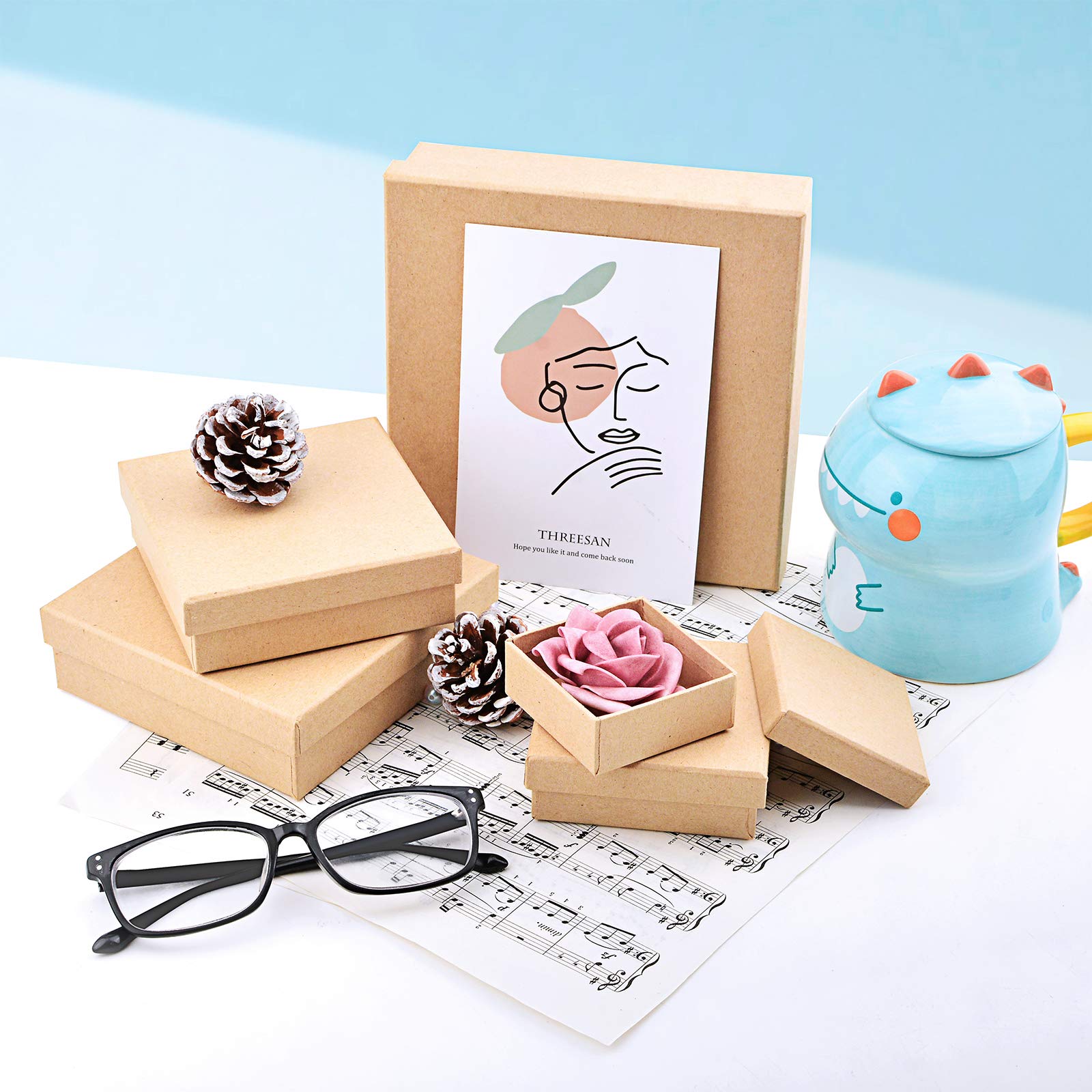 WANDIC Set of 5 Square Mini Kraft Paper Mache Boxes with Lids - Perfect for Crafting, Jewelry Storage, Cosmetics Organizer & Gift Packaging - Ideal for Home Decor, DIY Projects and Party Favors