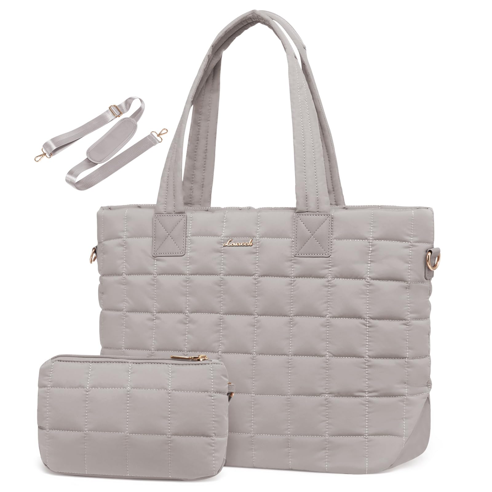 LOVEVOOK Large Puffer Tote Bag for Women - Quilted Lightweight Work Bag with Zipper | Stylish Shoulder Bag for Office, Travel & Shopping