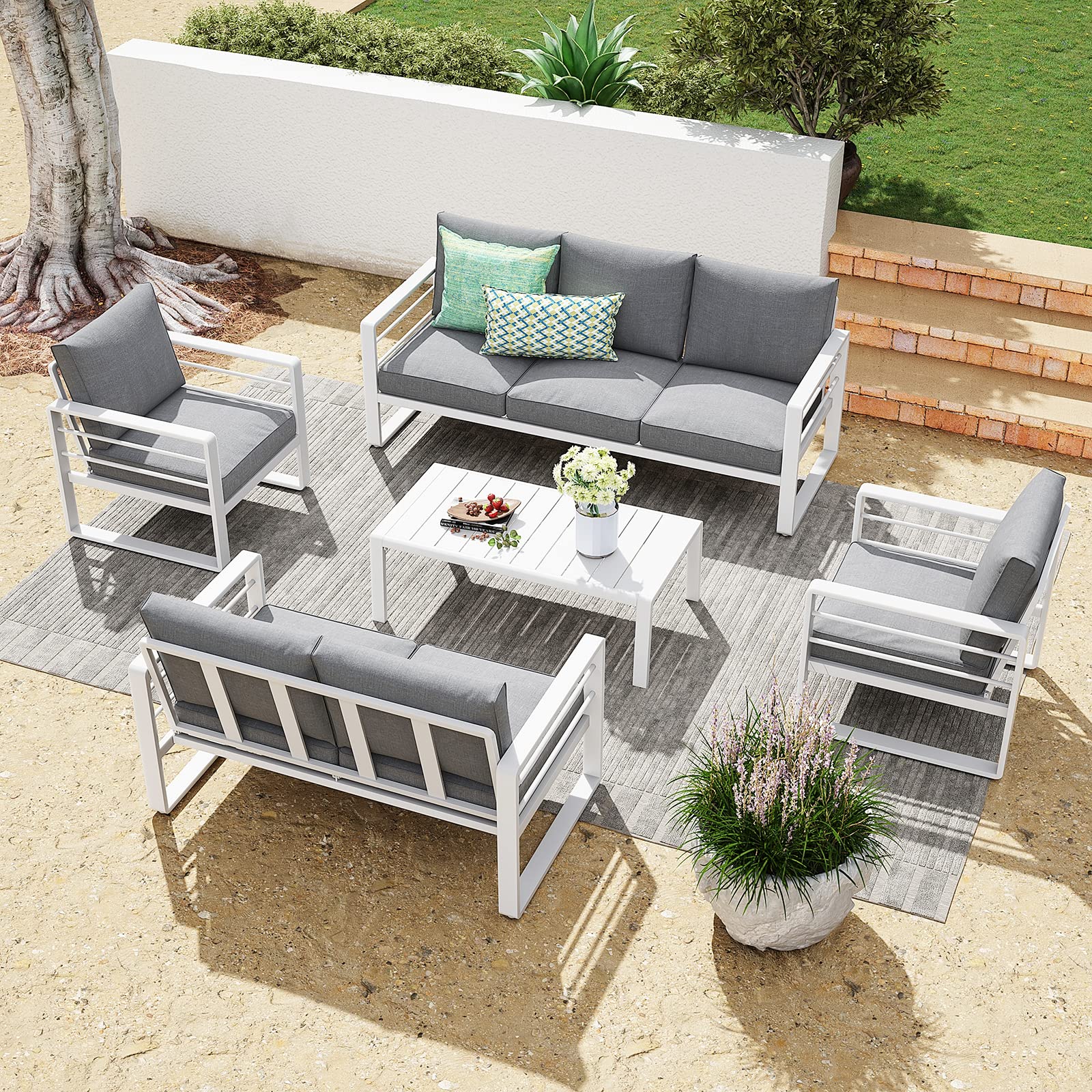 Patiorama Aluminum Patio Furniture Set - All-Weather Outdoor Loveseat with Olefin Cushions, 2-Seater Sofa Couch, 600 lbs Capacity, Deep Seating (Grey Cushion) - Perfect for Deck, Garden, Poolside & Backyard Relaxation