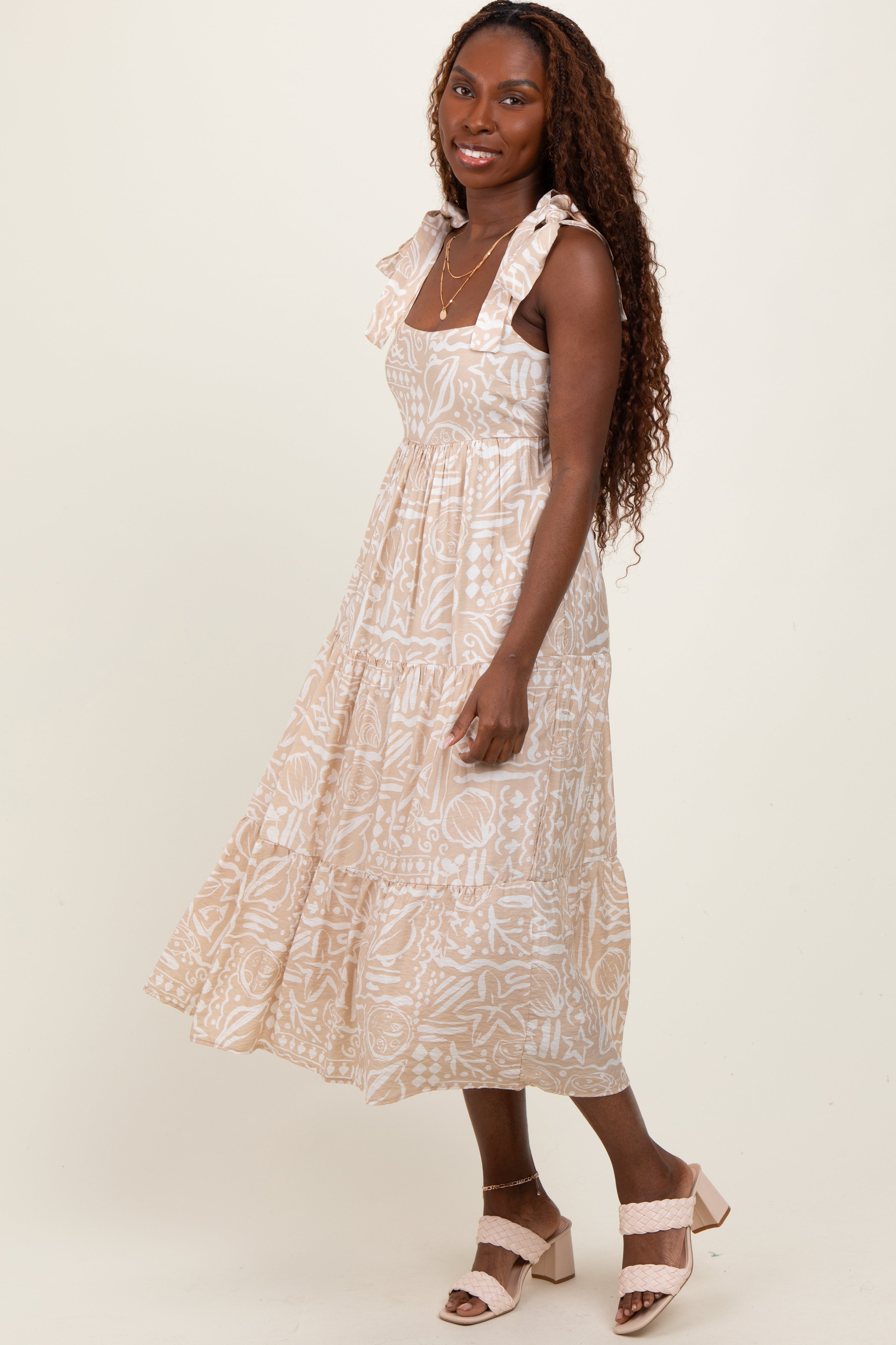 Beige Printed Tie Strap Tiered Midi Dress for Women - Flowy Summer Dress with Adjustable Ties, Boho Chic Style - Perfect for Beach Vacations, Date Nights & Casual Outings