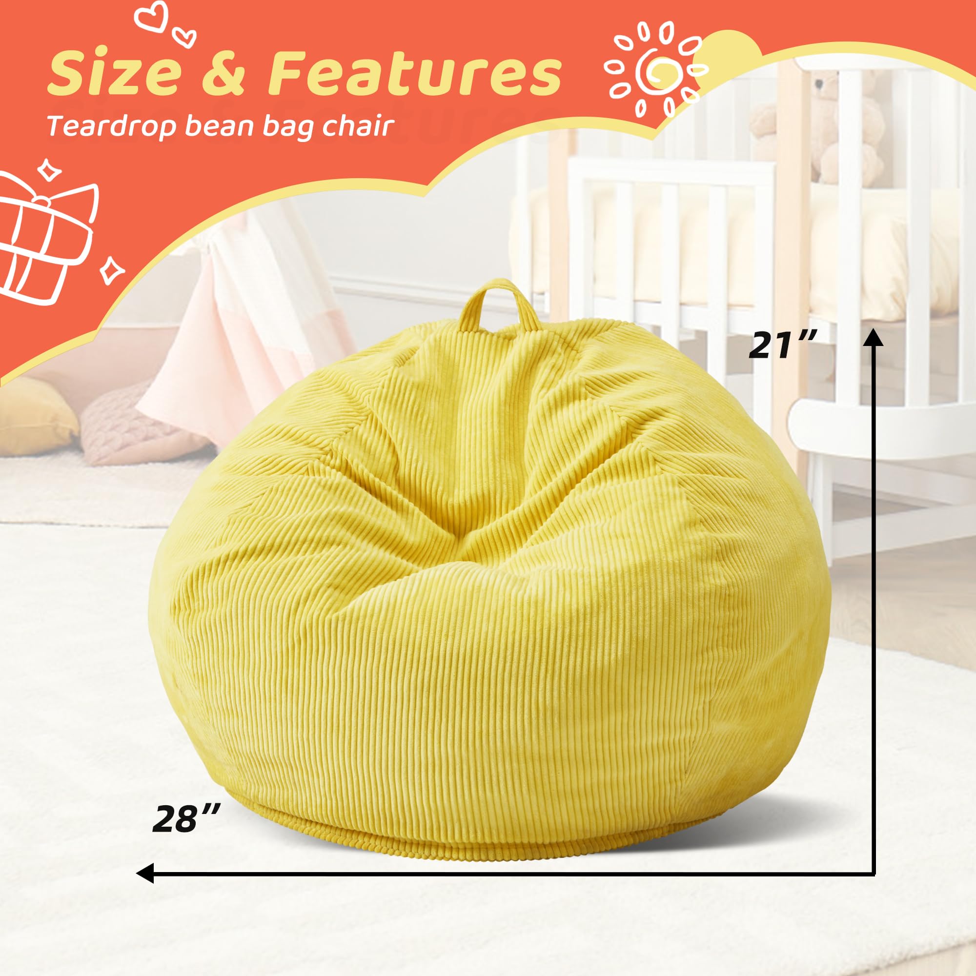 Teardrop Memory Foam Bean Bag Chair - Small Yellow Washable Cover for Living Room & Bedroom | Comfortable Lounge Seating for Teens, Dorm Room, Game Room, and Relaxation