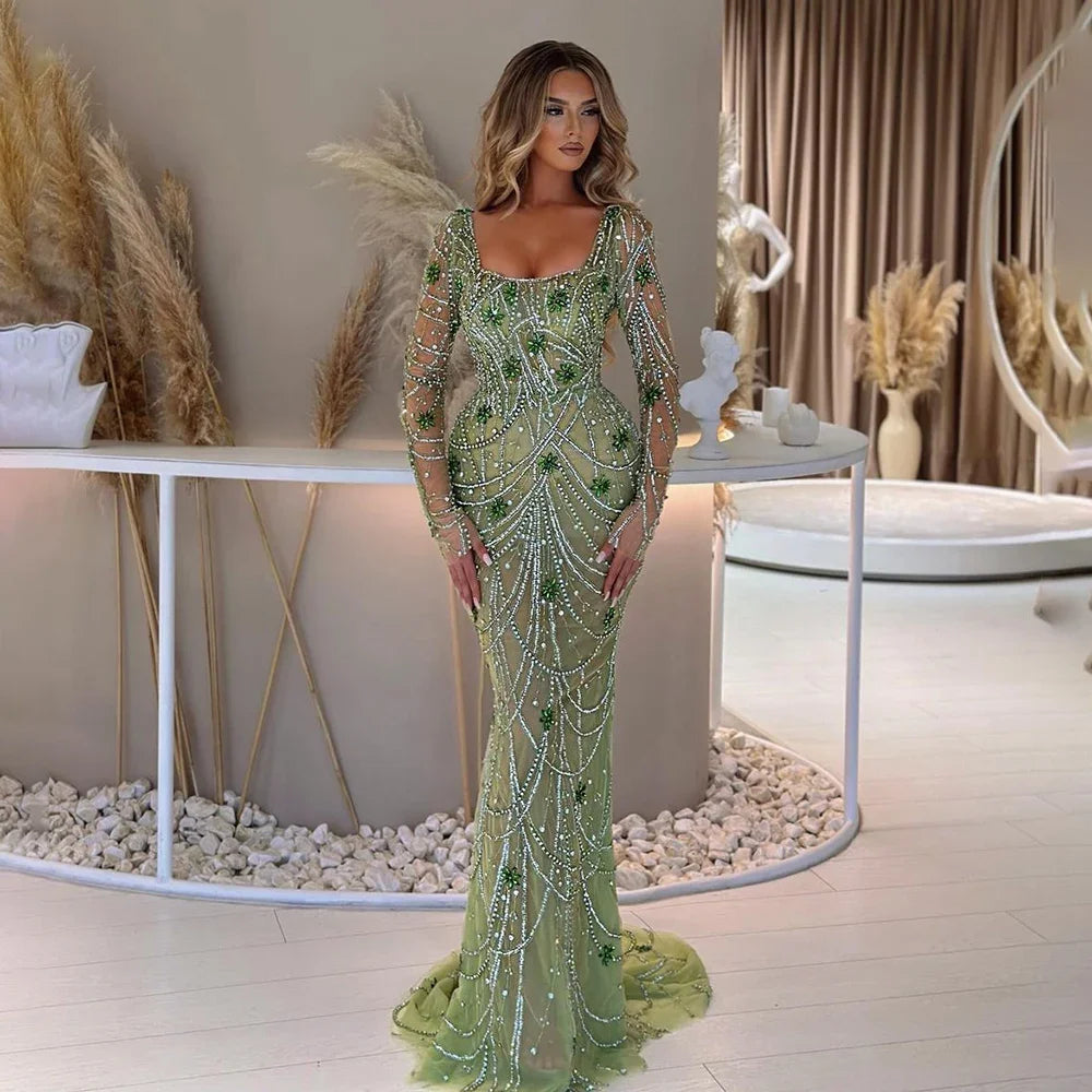 Serene Hill Dark Green Mermaid Dress with Crystal Beads | Elegant Arabic Evening Gown for Women | Perfect for Weddings, Parties & Special Occasions | 2025 LA72242 | Formal Wear for Red Carpet Events & Gala Dinners