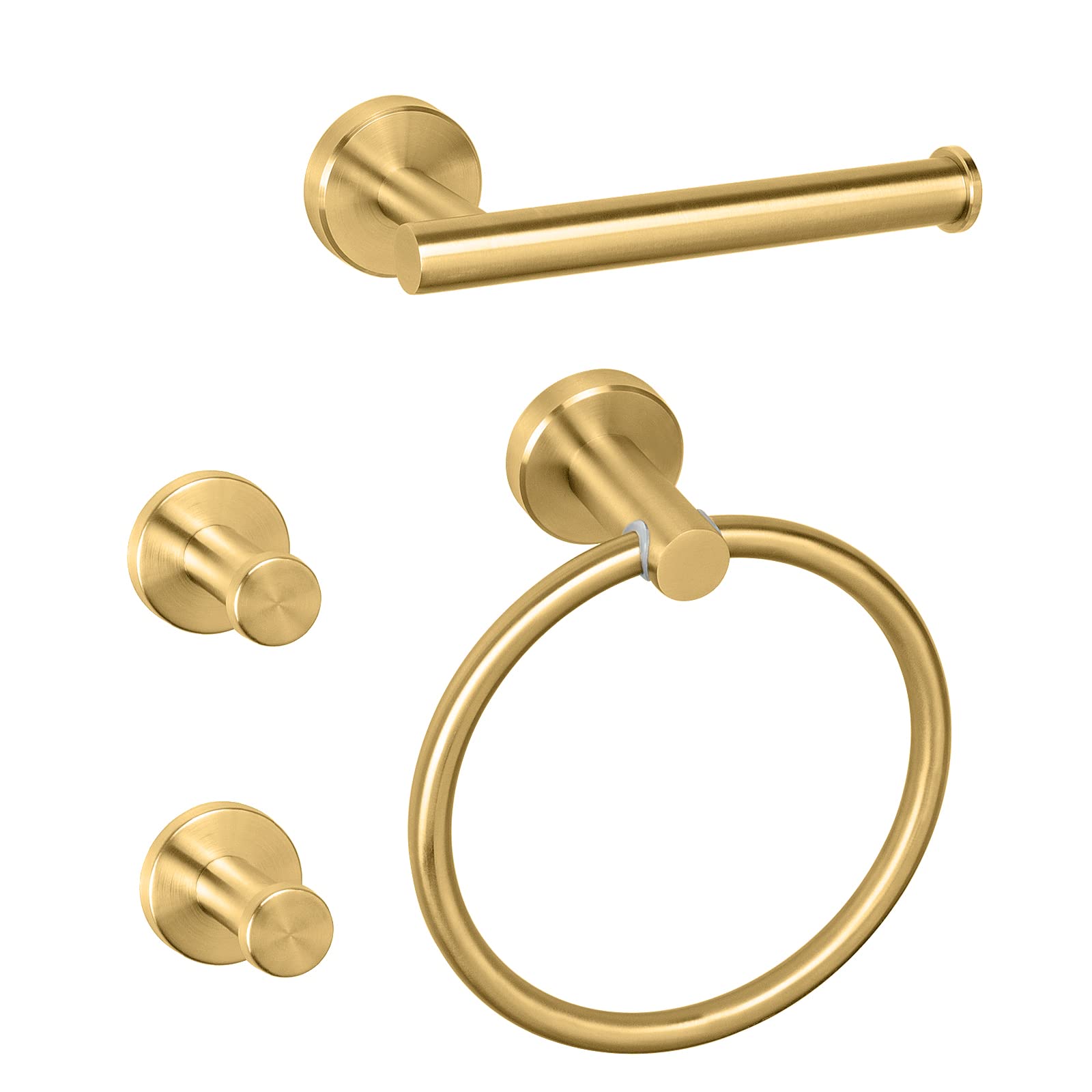 NearMoon 4-Piece Bathroom Hardware Set - Brushed Gold Stainless Steel Towel Ring, Toilet Paper Holder & 2 Robe Hooks - Wall Mounted Bath Accessories for Modern Home Decor (Perfect for Bathroom, Powder Room & Spa Style Vanity)