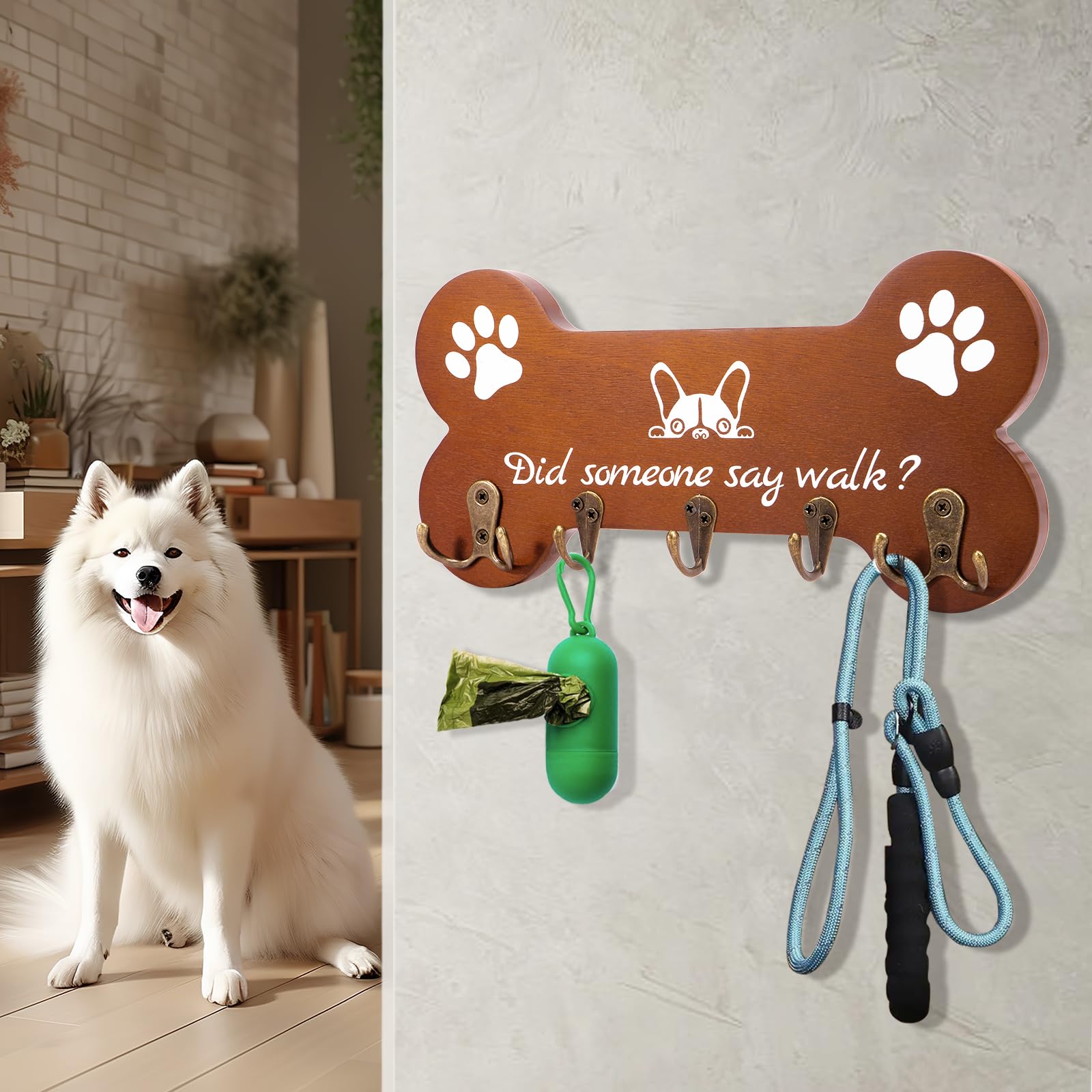 Wall Mounted Bone Shaped Dog Leash Holder - 5 Hook Coat Rack for Entryway, Door & Bedroom Organization - Durable Dog Accessories for Pet Lovers (11.8