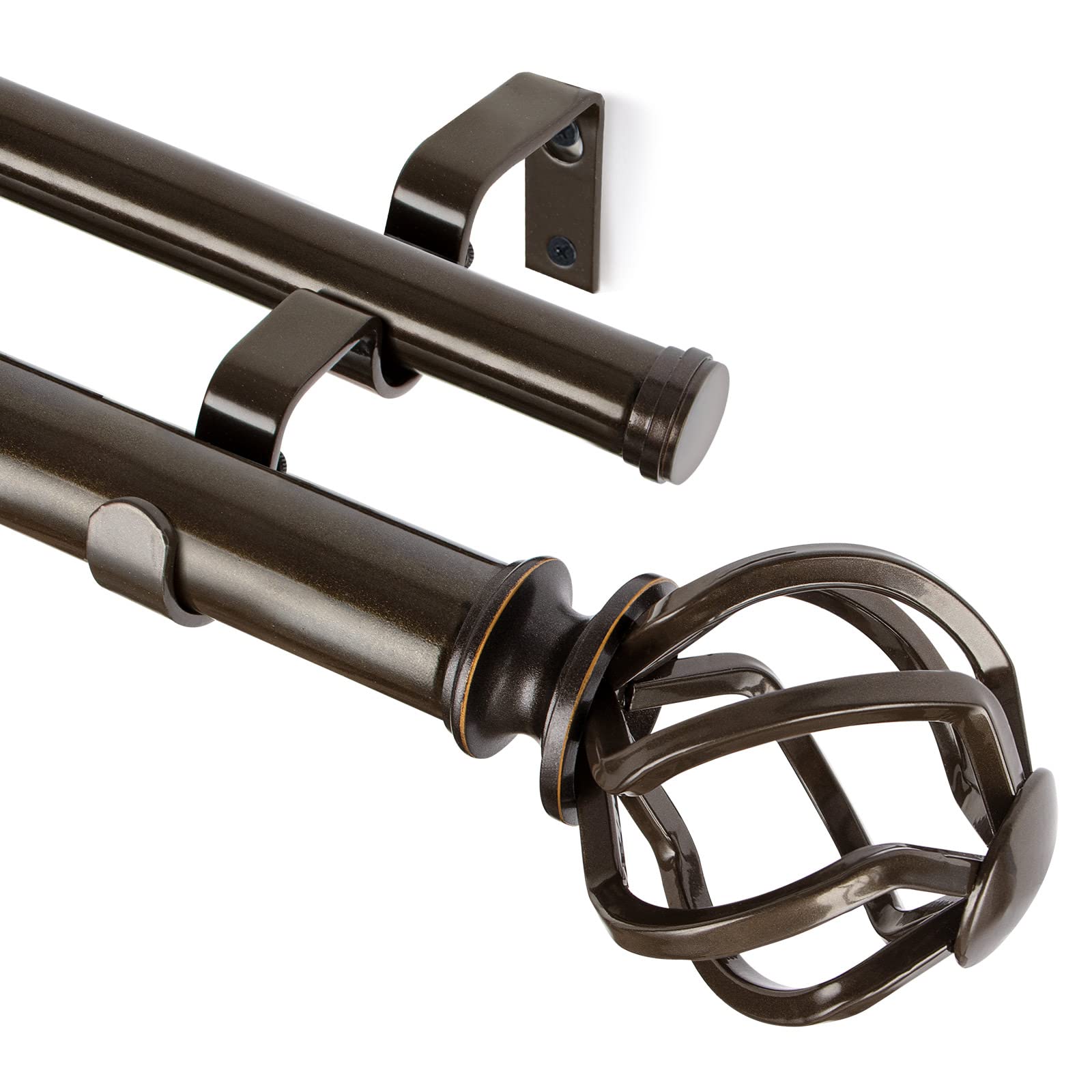 KAMANINA 1 Inch Double Curtain Rods 36-72 Inches Adjustable Telescoping Drapery Rod, Heavy Duty Antique Bronze Window Curtain Rod for 24-68 Inch Windows with Twisted Cage Finials - Perfect for Living Room, Bedroom & Home Decor