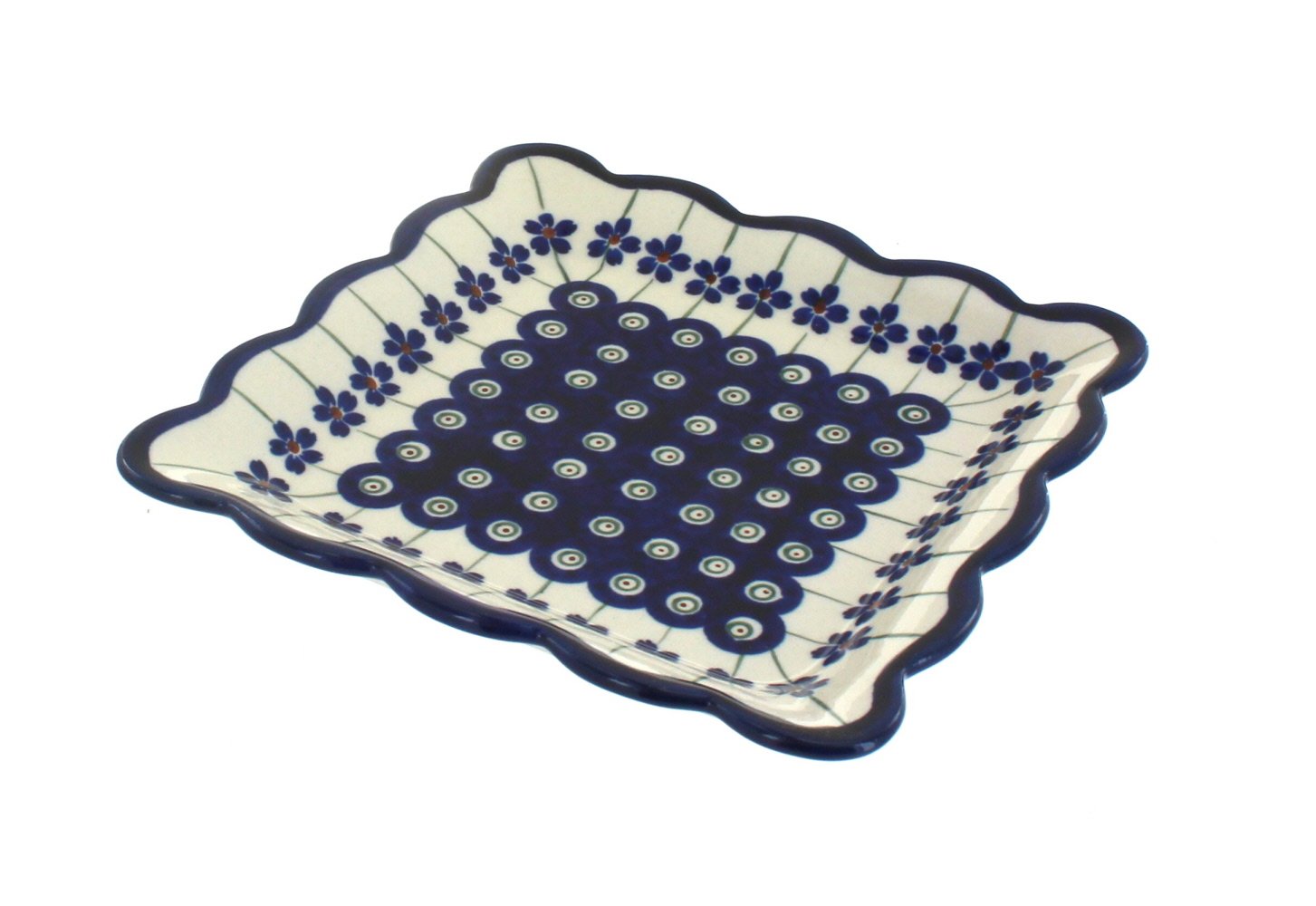 Handmade Blue Rose Polish Pottery Peacock Square Dessert Plate - Elegant Small Serving Dish for Tea Parties, Weddings & Home Decor