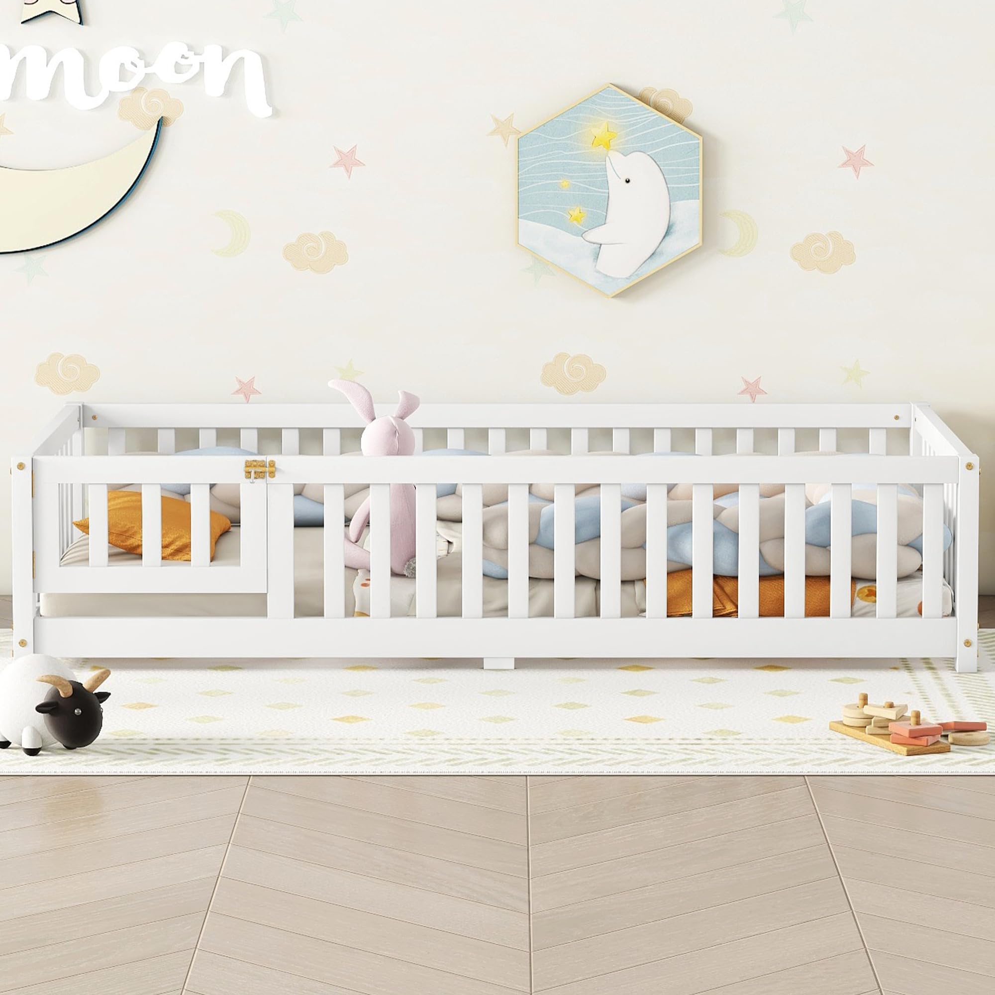 **Montessori Twin Size Floor Bed for Kids & Toddlers - Sturdy Solid Wood Frame with Safety Fence & Convertible Door - Playhouse Design for Bedroom, Nursery, or Playroom - White Twin Bed**