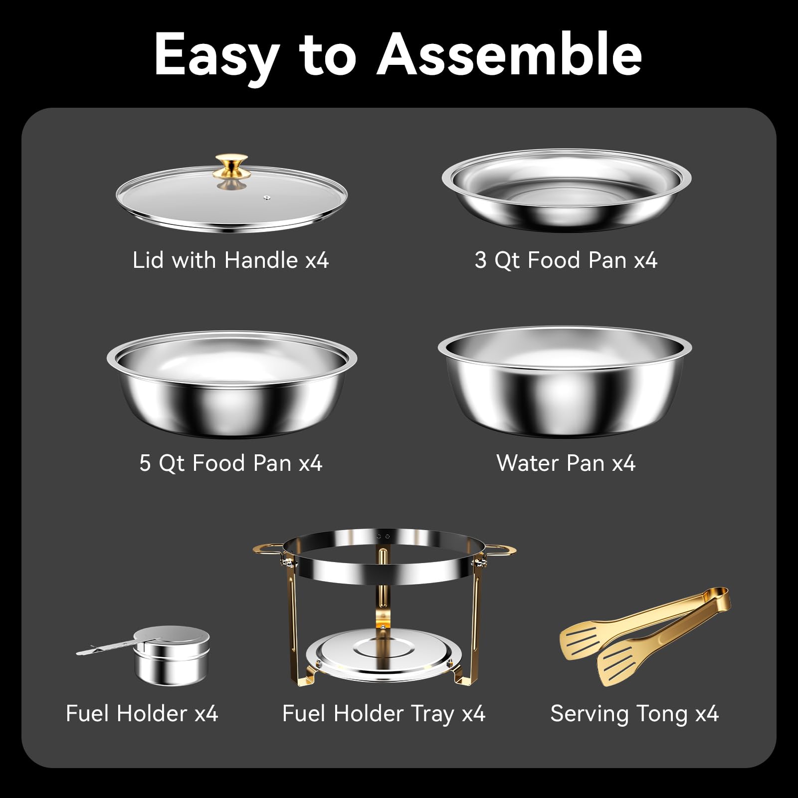 4-Pack Buffet Chafing Dishes Set - 3Qt & 5Qt Stainless Steel Food Warmers with Glass Lids & Serving Tongs - Perfect for Catering, Weddings, Birthday Parties & Buffet Events