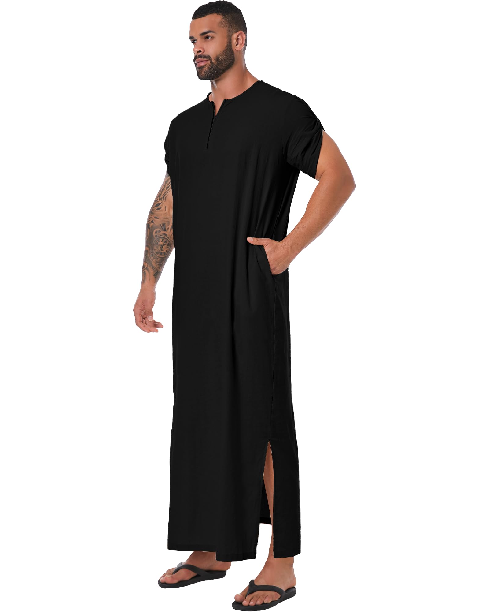 YAOHUOLE Men's Islamic Thobe - Short Sleeve Arabic Robe with Pocket - Traditional Muslim Clothing for Prayer, Eid & Daily Wear