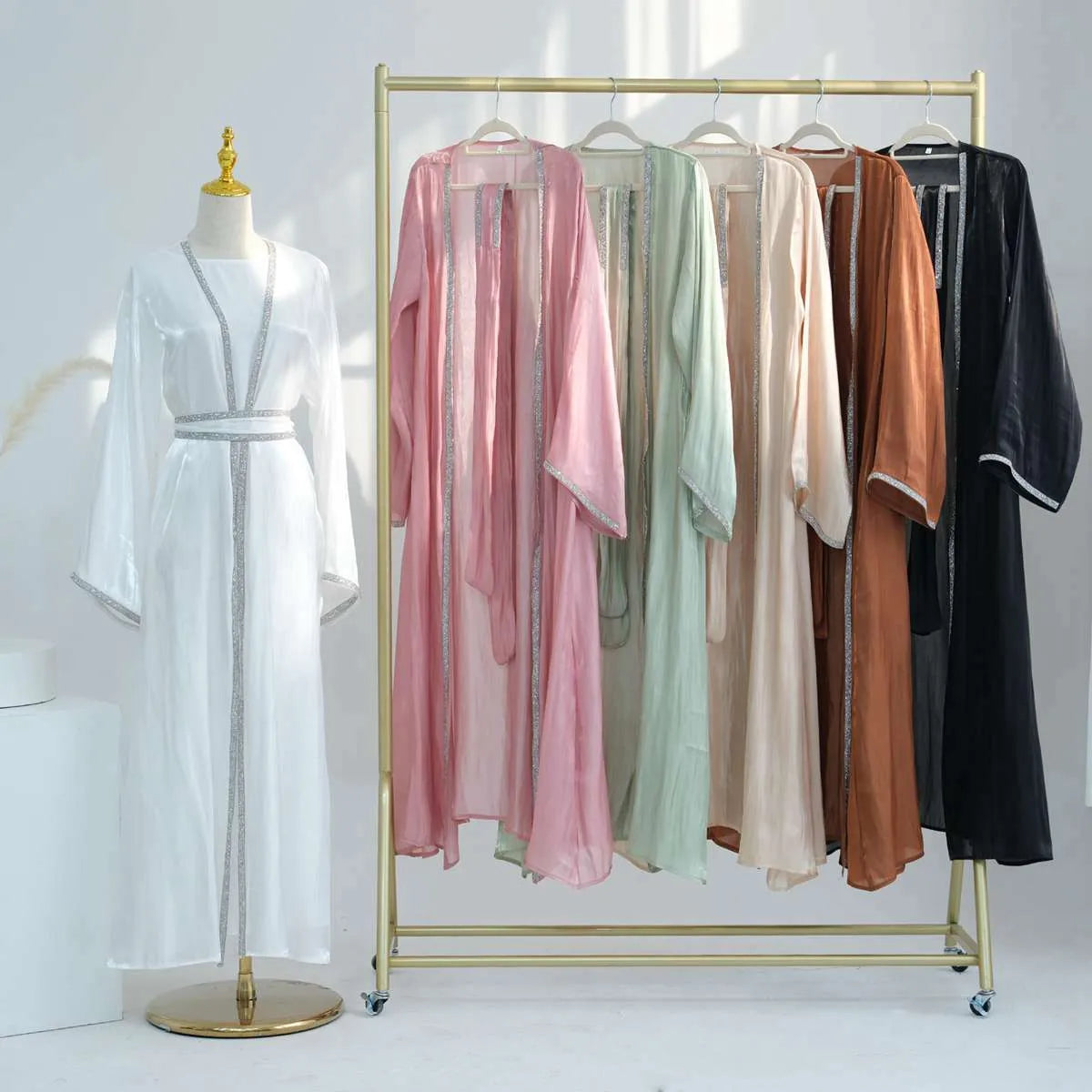2-Piece Hotfix Rhinestone Sparkling Open Abaya Dress Set with Inner Dress - Perfect for Weddings, Parties & Special Occasions