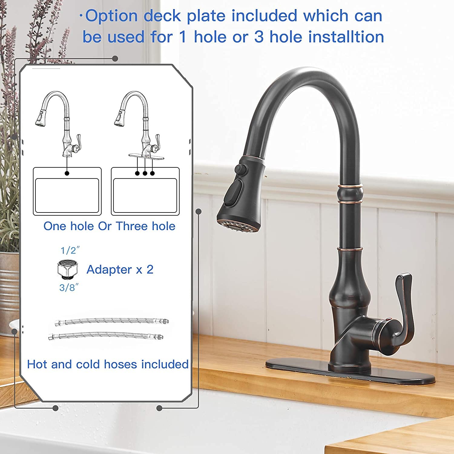 Oil Rubbed Bronze Pull Down Kitchen Faucet with Sprayer - High Arc Single Handle Commercial Grade Faucet with Deck Plate - Perfect for Farmhouse, RV & Bar Sinks (3 Spray Functions)
