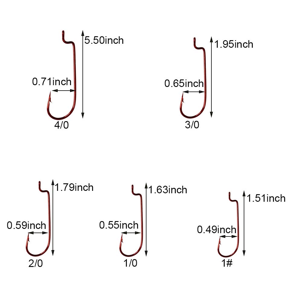 30-Pack Offset Worm Fishing Hooks - Black/Red High Carbon Steel Senko Bait Hooks (Sizes 4/0, 3/0, 2/0, 1/0, 1#) for Bass, Trout & Freshwater Fishing - Durable Sharp Hooks for Soft Plastic Worms & Senko Baits