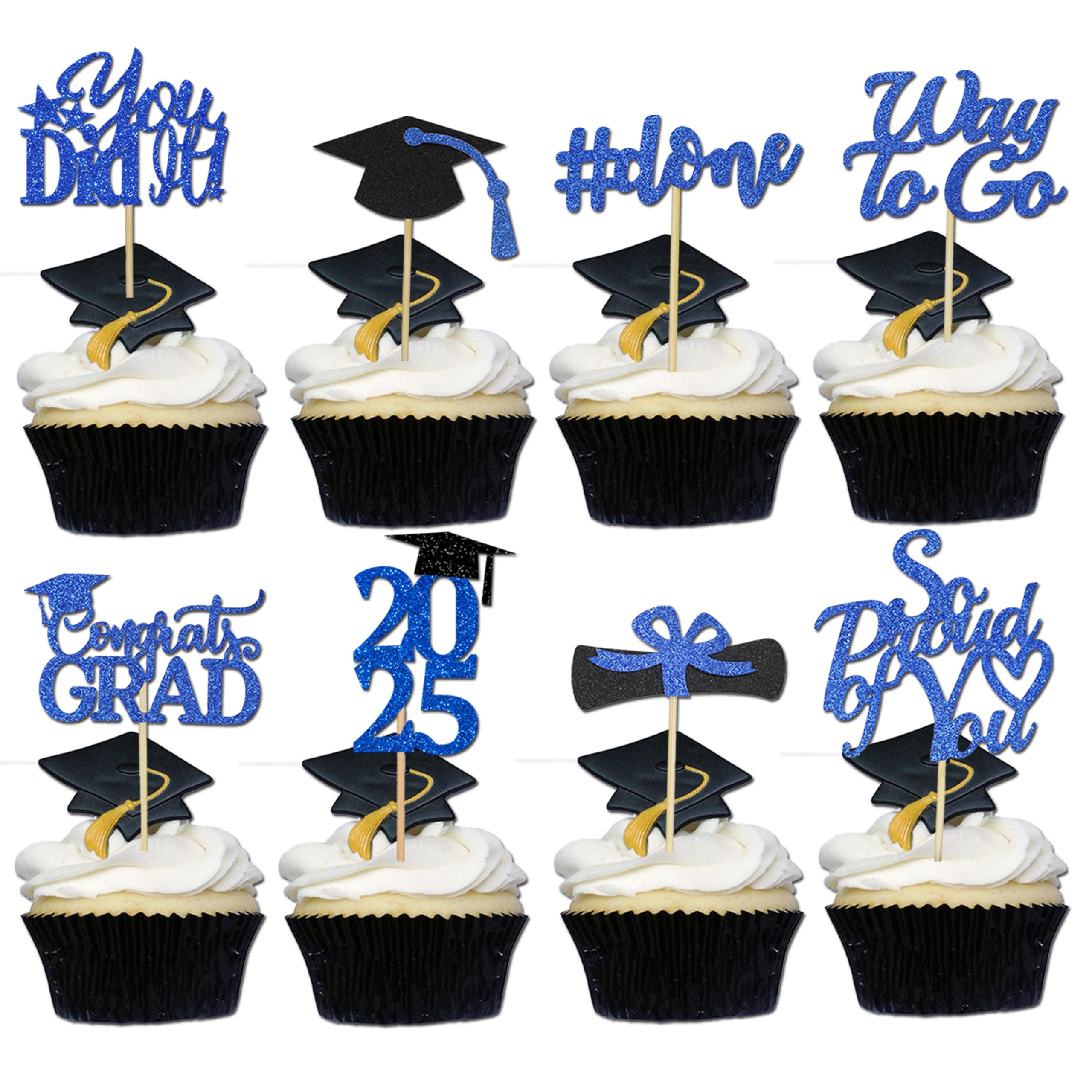 2025 Graduation Cupcake Toppers - Blue Glitter Class of 2025 Decorations, Grad Cap & Diploma Picks for Graduation Party Supplies (40Pcs) - Perfect for Graduation Cakes, Cupcakes, and Dessert Tables