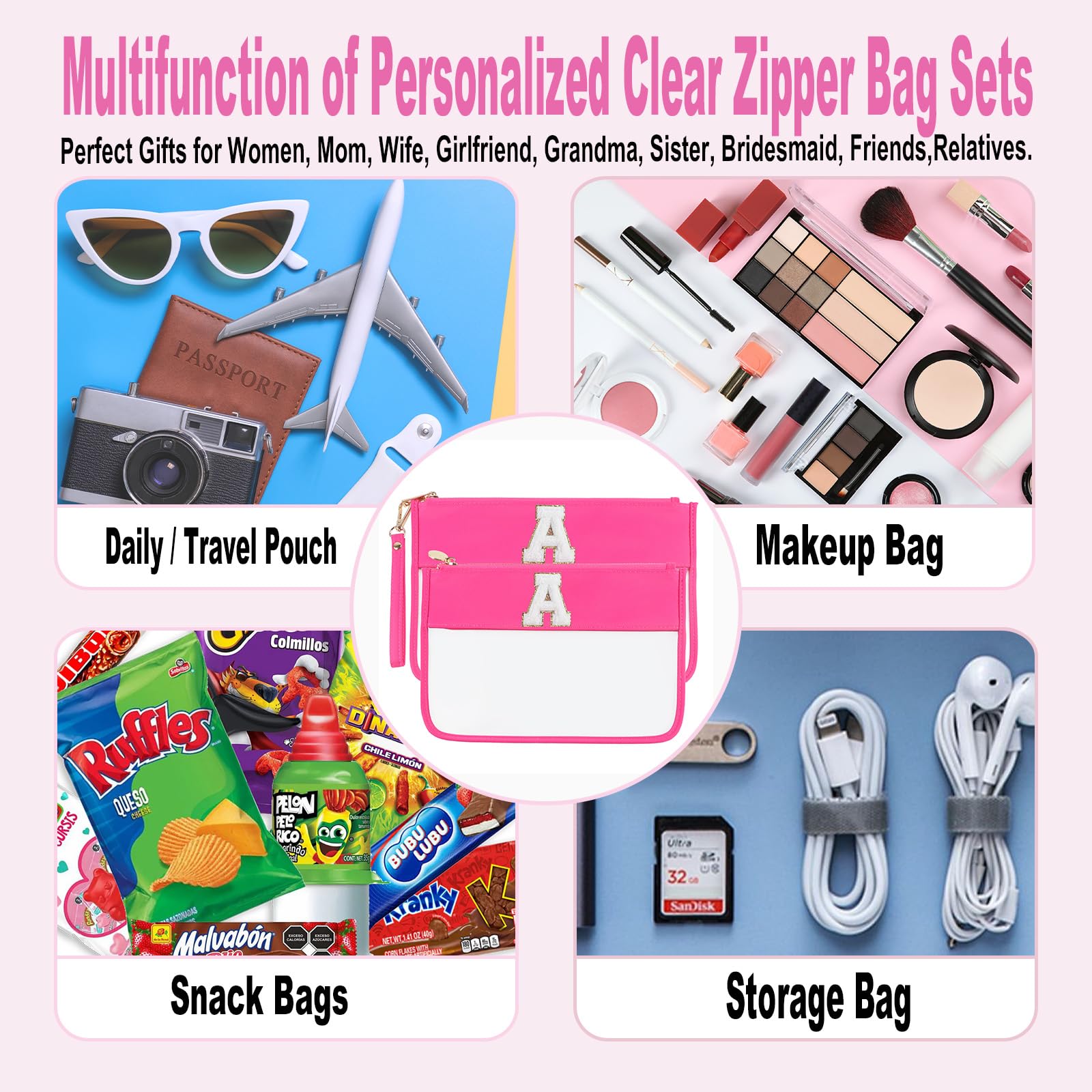 2-Piece Clear Glitter Chenille Monogram Makeup Bag Set - Travel Essentials Cosmetic & Snacks Organizer with Flat Zipper Pouch for Women (Hot Pink) - Perfect for Travel, Gym & Daily Beauty Storage