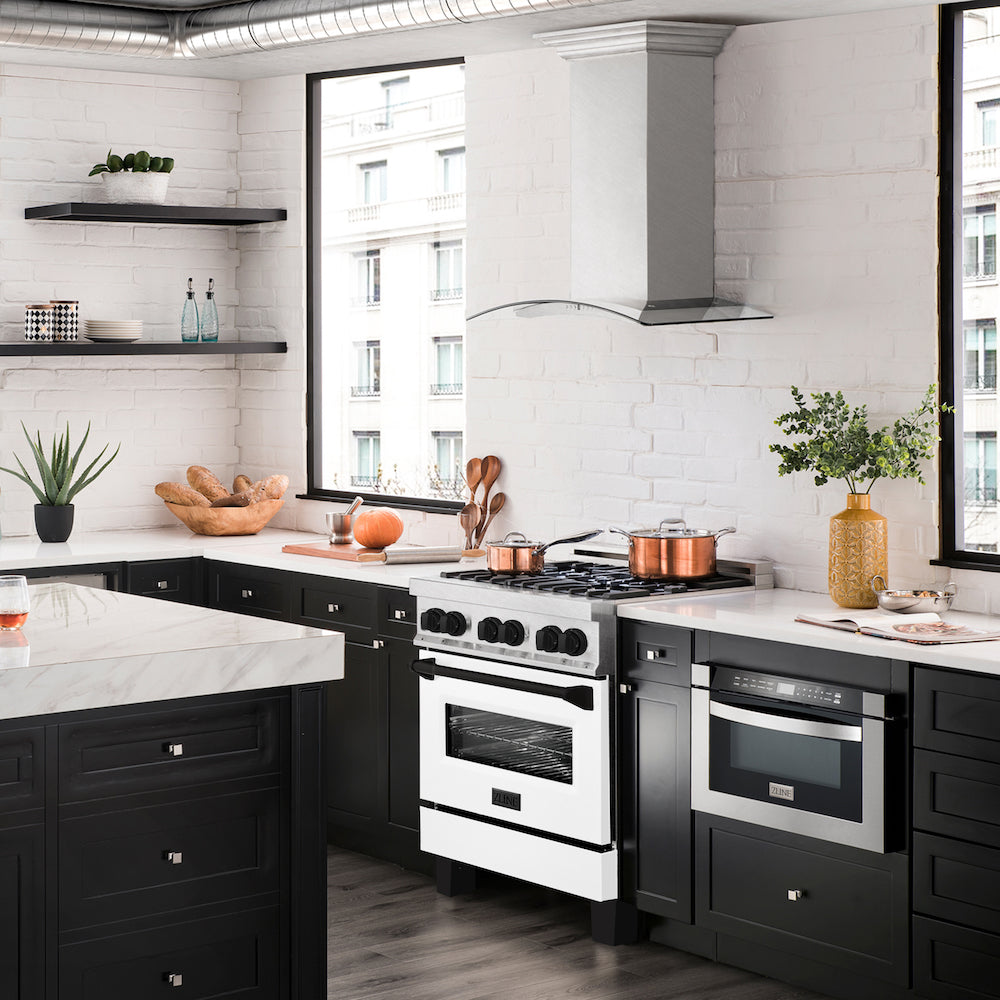 ZLINE Autograph Edition 30-inch 4.0 cu. ft. Dual Fuel Range - 4 Burner Gas Cooktop & Electric Convection Oven - Satin Stainless Steel with White Matte Door & Black Accents (RASZ WM 30 MB) - Perfect for Modern Kitchens & Professional Home Chefs