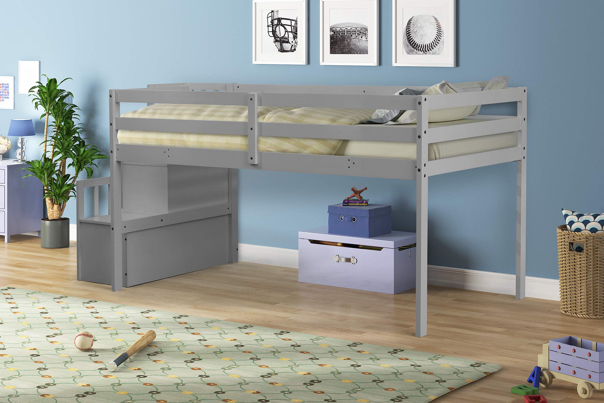 **Low Loft Twin Bed with Staircase & Storage - Wooden Loft Bed Frame with Safety Rails - Space-Saving Kids & Toddler Bed for Small Rooms - Perfect for Dorms, Apartments & Bedrooms (Gray)**