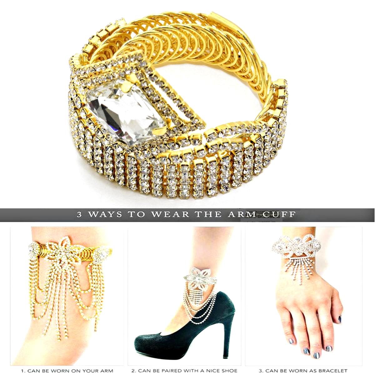 Trendy Square Rhinestone Cuff Bracelet for Women - Elegant Arm & Ankle Jewelry (AZABRH370-GCL) | Perfect for Parties, Weddings & Evening Events