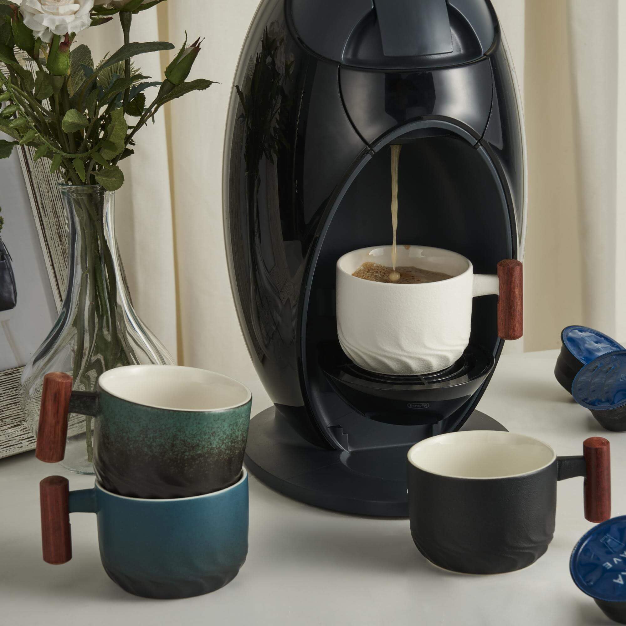 6 Oz Ceramic Espresso Cups with Wooden Handle - Set of 4 Small Coffee Mugs for Latte, Cappuccino, Tea & Hot Beverages - Perfect for Home, Office & Cafe Use
