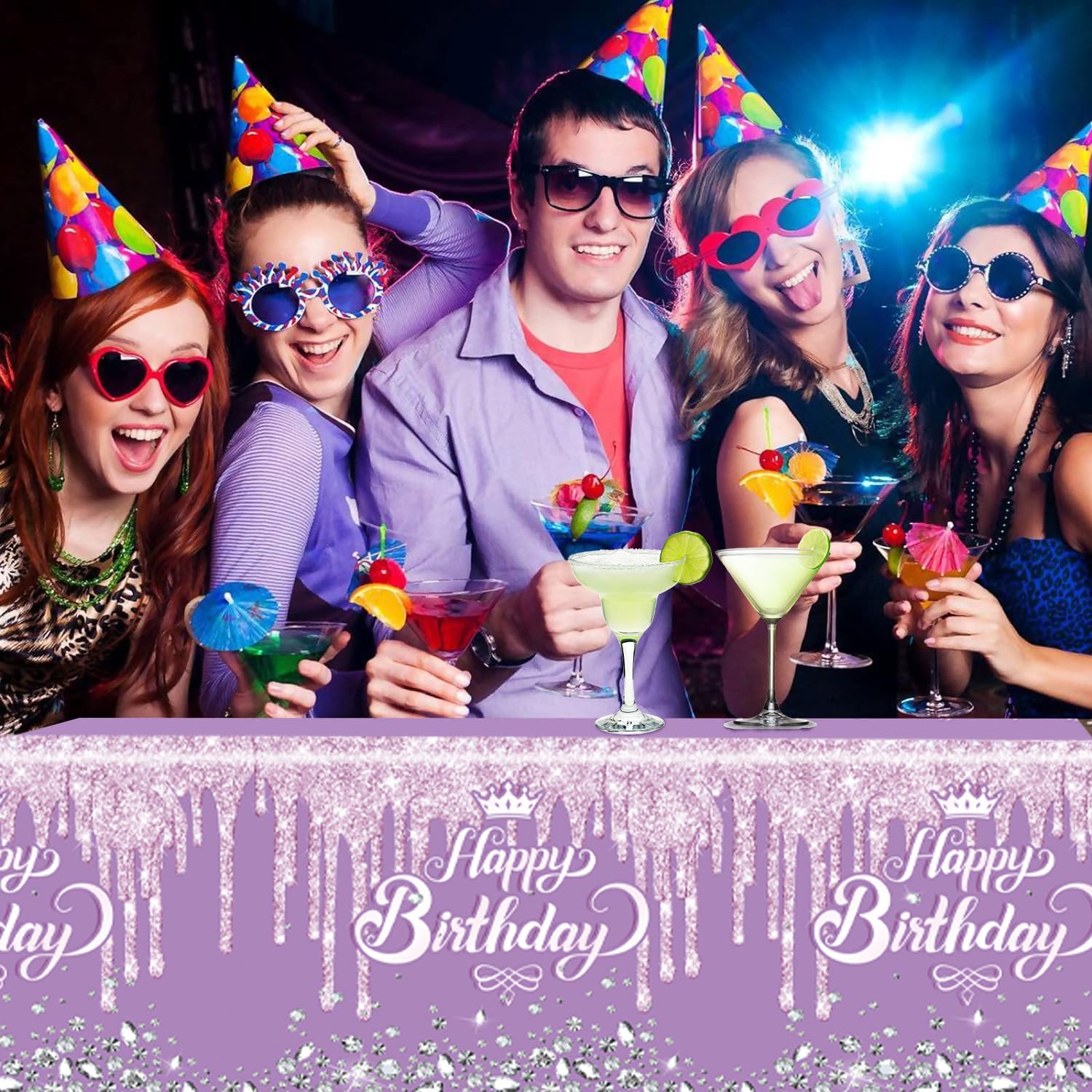 2 Pack Purple & Silver Glitter Diamond Happy Birthday Tablecloth - 70 x 51 Inch Party Table Cover for Boys & Girls Birthday Decorations - Perfect for Birthday Parties, Baby Showers & Special Events
