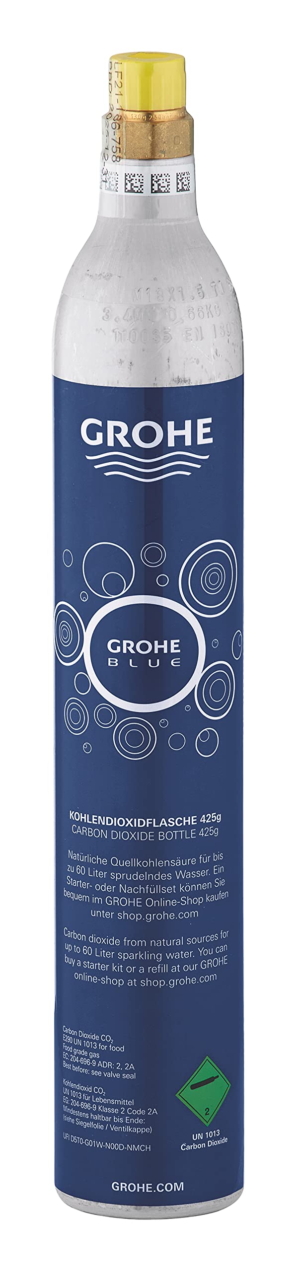 GROHE Blue CO2 Carbon Dioxide Cartridge 99.9% Pure (425g, Makes 60L Sparkling Water) - Food Grade Beverage Carbonation Accessories for Soda Makers & Home Drink Dispensers - Perfect for Carbonating Water, Cocktails, and Homemade Sodas