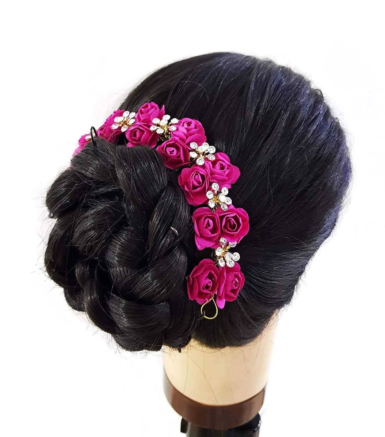 APOEM Floral Bun Decoration Hair Gajra for Women & Girls - Pink Wedding Hair Accessories, Bridal Party Hair Jewelry for Boho, Indian, and Western Hairstyles