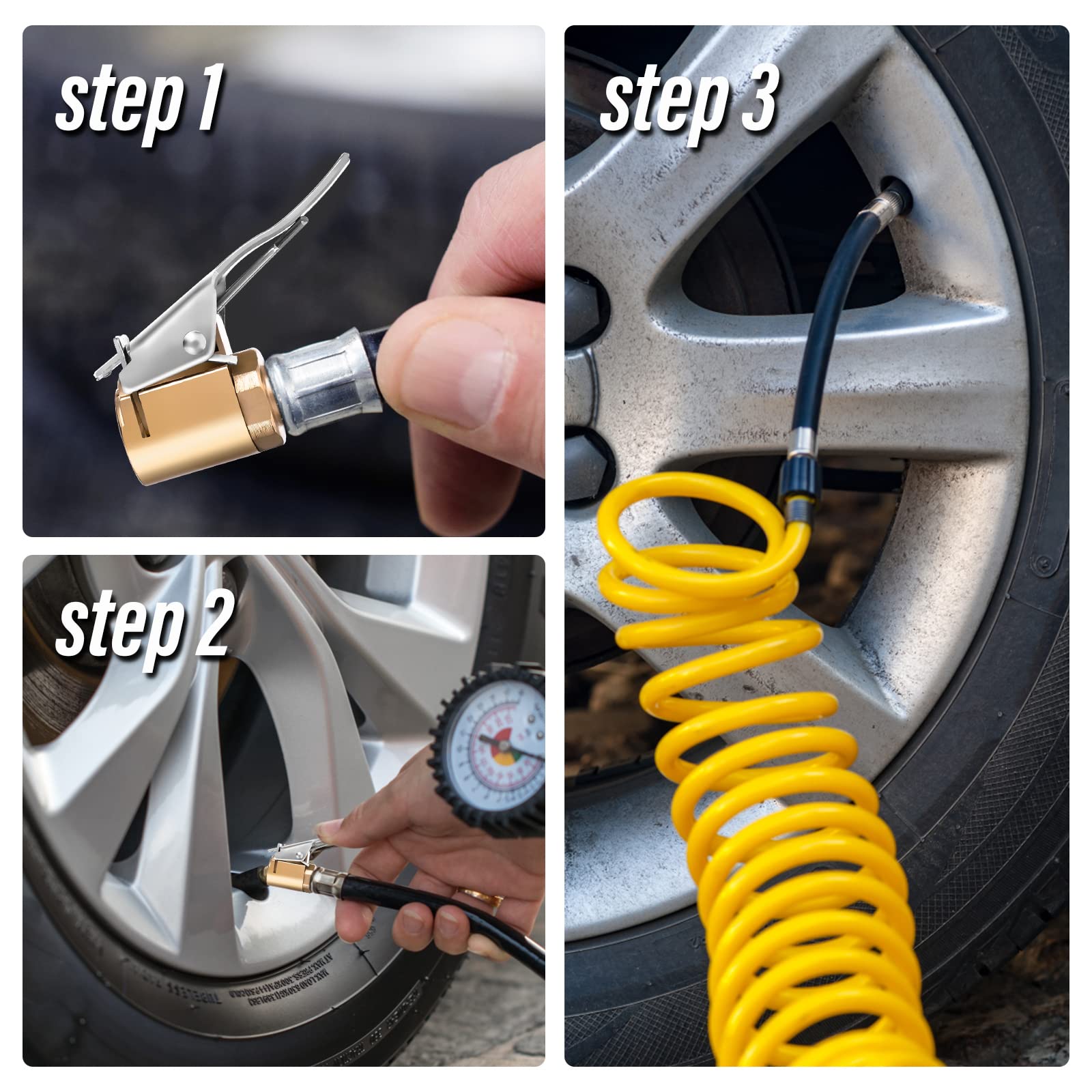 COBEE Heavy Duty Brass Locking Tire Inflator Air Chuck with Clip Adapter (2 Pack) - No Leak Air Chuck for Tire Pump & Compressor Connection - Perfect for Car, Truck, ATV & Motorcycle Tire Inflation