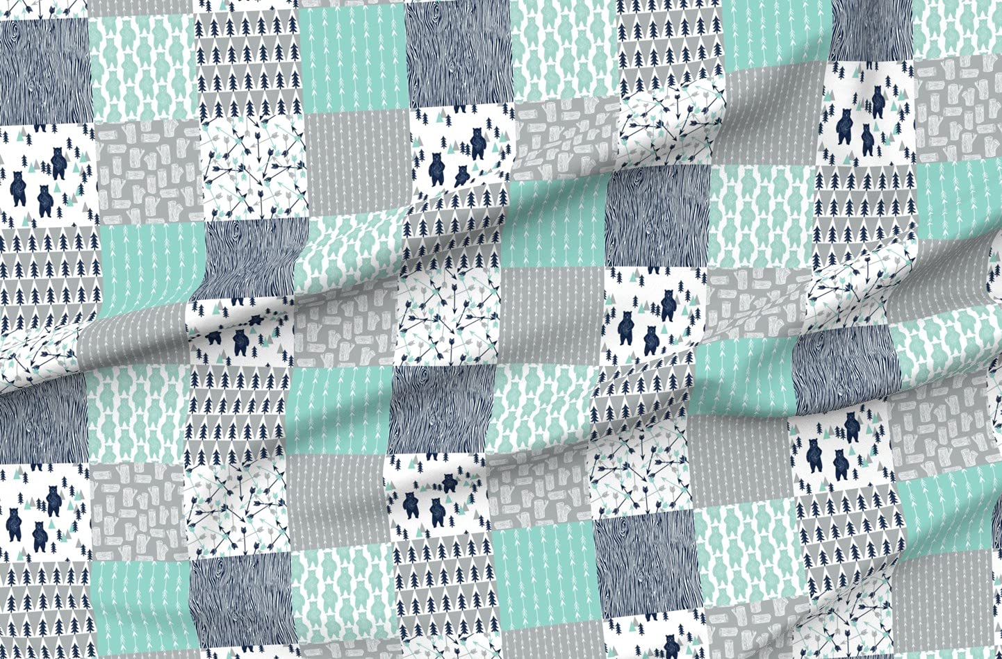 Forest Bear Quilt Navy Mint Grey Printed Velvet Fabric by Spoonflower - Upholstery, Home Decor & Apparel Material - Perfect for Kids Nursery, Boys Room & DIY Quilting Projects