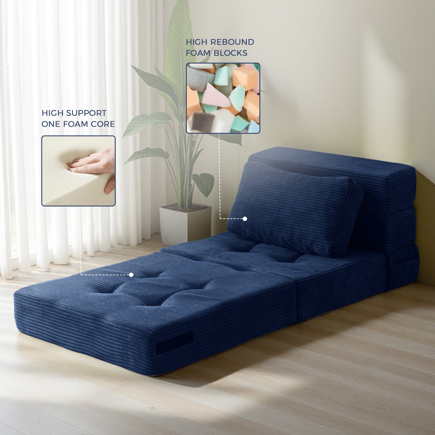 MAXYOYO 4-in-1 Convertible Sofa Bed Chair - Foldable Tufted Sleeper with Pillow, Navy Blue | Perfect for Small Spaces, Guest Rooms & Apartments