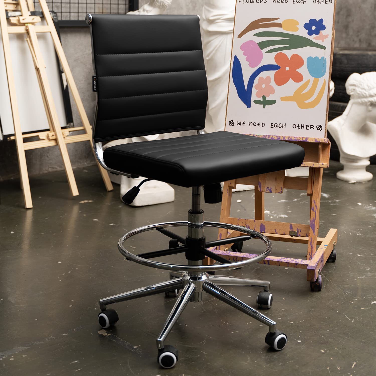 Ergonomic Armless Drafting Chair - 400 LBS Capacity Adjustable Leather Office Stool with Swivel Base & Foot Ring - Modern Ribbed Mid Back Design for Standing Desks - Perfect for Artists, Architects & Home Office Workspaces
