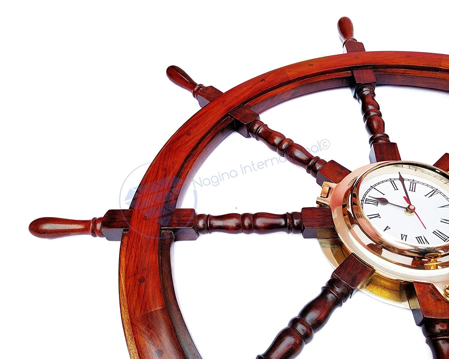 Nagina International 42 Inch Polystone Wood Porthole Clock with Ship Wheel - Nautical Brass Wall Decor for Navy Themed Rooms | Perfect for Coastal Home Decor, Beach House Accents & Maritime Gift Ideas