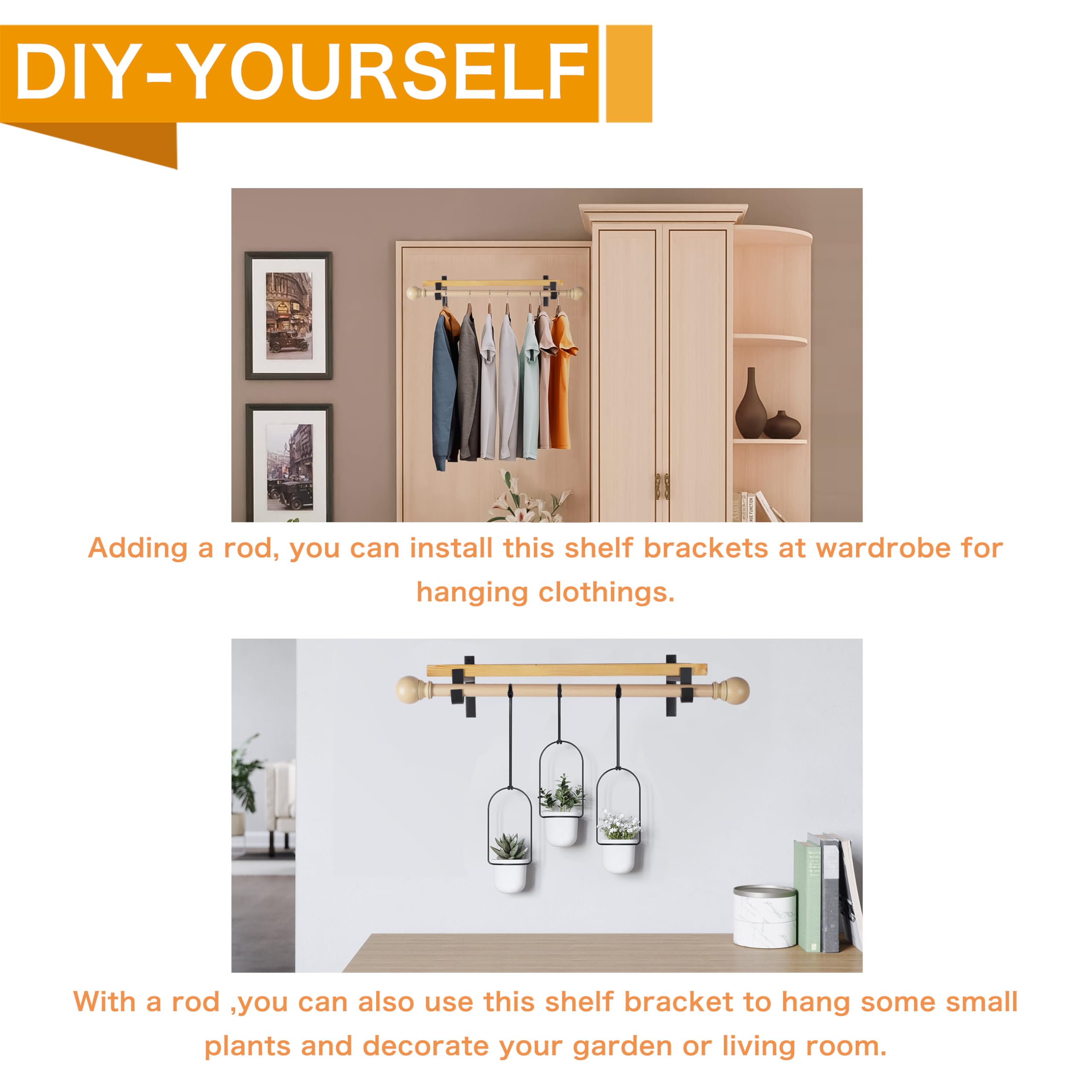 Heavy Duty 10 Inch Black Closet Shelf Brackets with Rod Support & Hook - 6 Pack Wall Mounted for Closet Organization, Wardrobe Storage & Home Decor - EZYDECOR