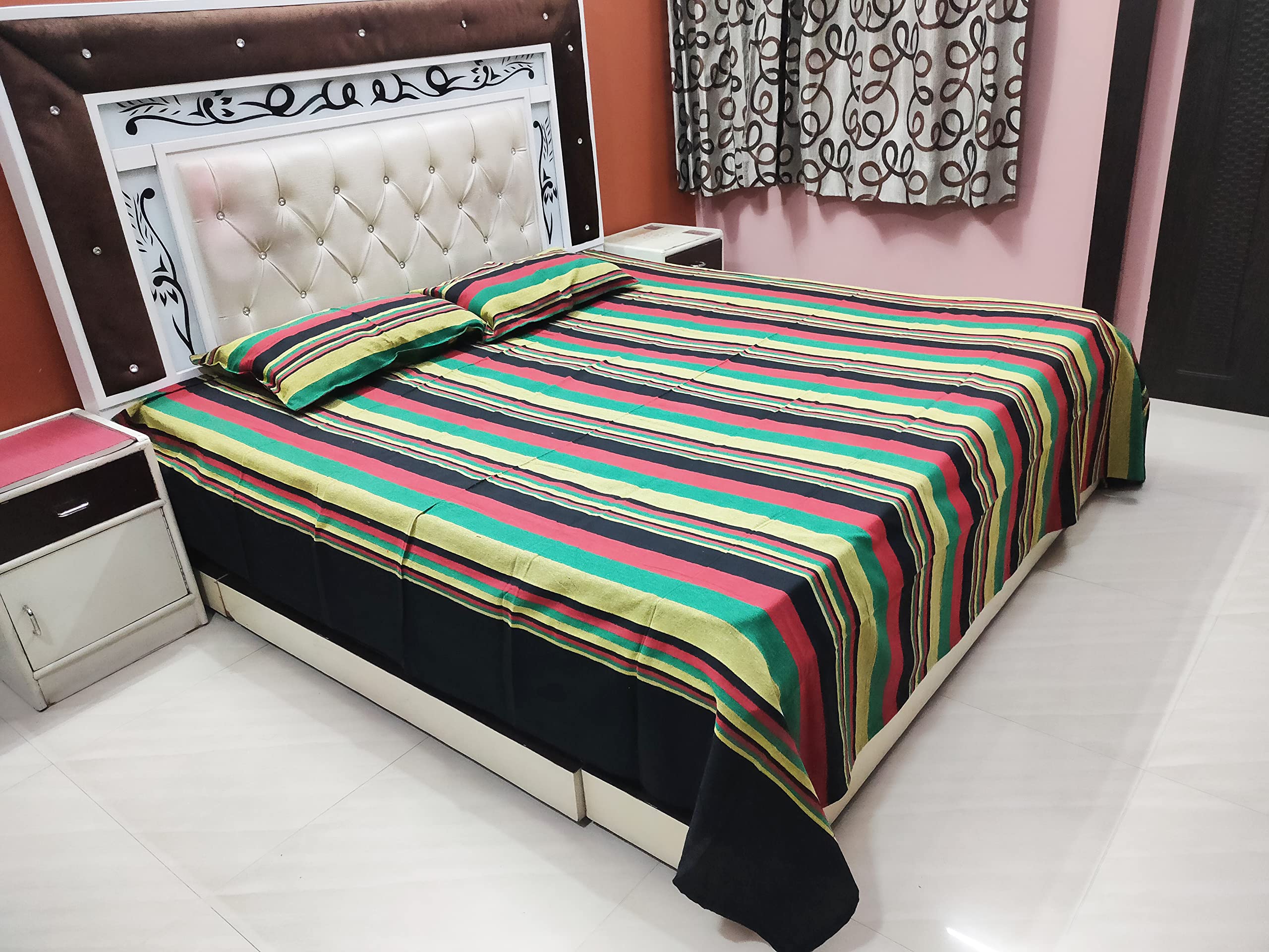 Handwoven Queen Size Double Bedsheet Set - 100% Cotton Handloom Bedspread Cover with 2 Pillow Cases (105