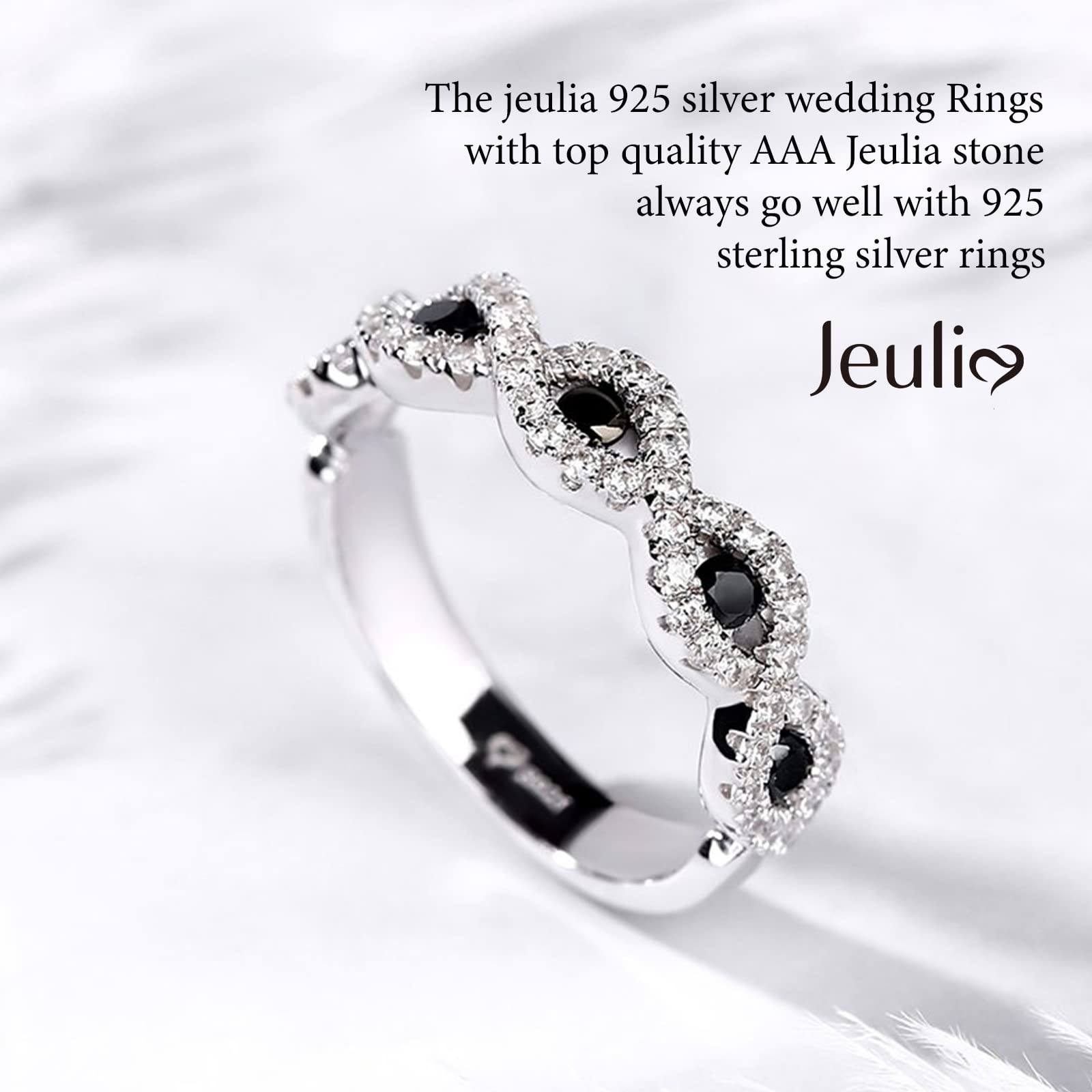 Jeulia Engraved Wedding Stackable Rings - Sterling Silver Band with Sapphire Blue & White Diamond Cubic Zirconia - Half Eternity Engagement, Promise & Anniversary Rings - Gift Box Included - Perfect for Proposals, Vows Renewal & Romantic Gifts