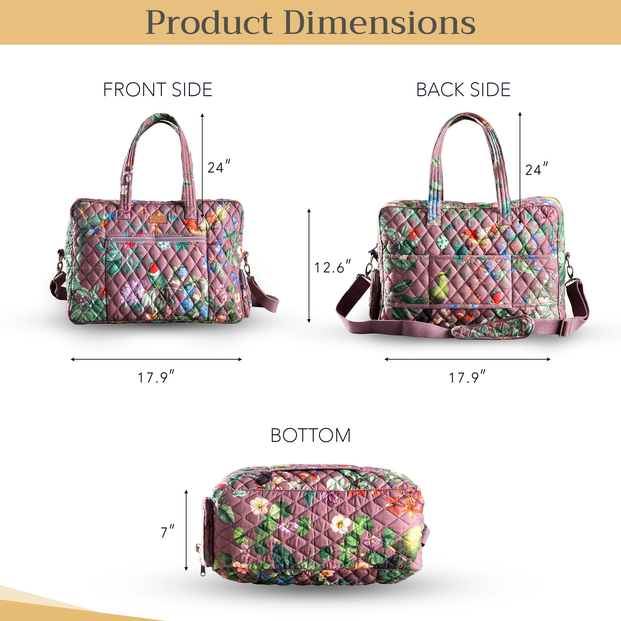 Maison d'Hermine Quilted Cotton Weekender Bag - Durable Overnight Duffel for Travel, Gym & Business | Perfect Gift for Men & Women | Violet (Eden) | Ideal for Weekend Getaways, Business Trips & Family Vacations