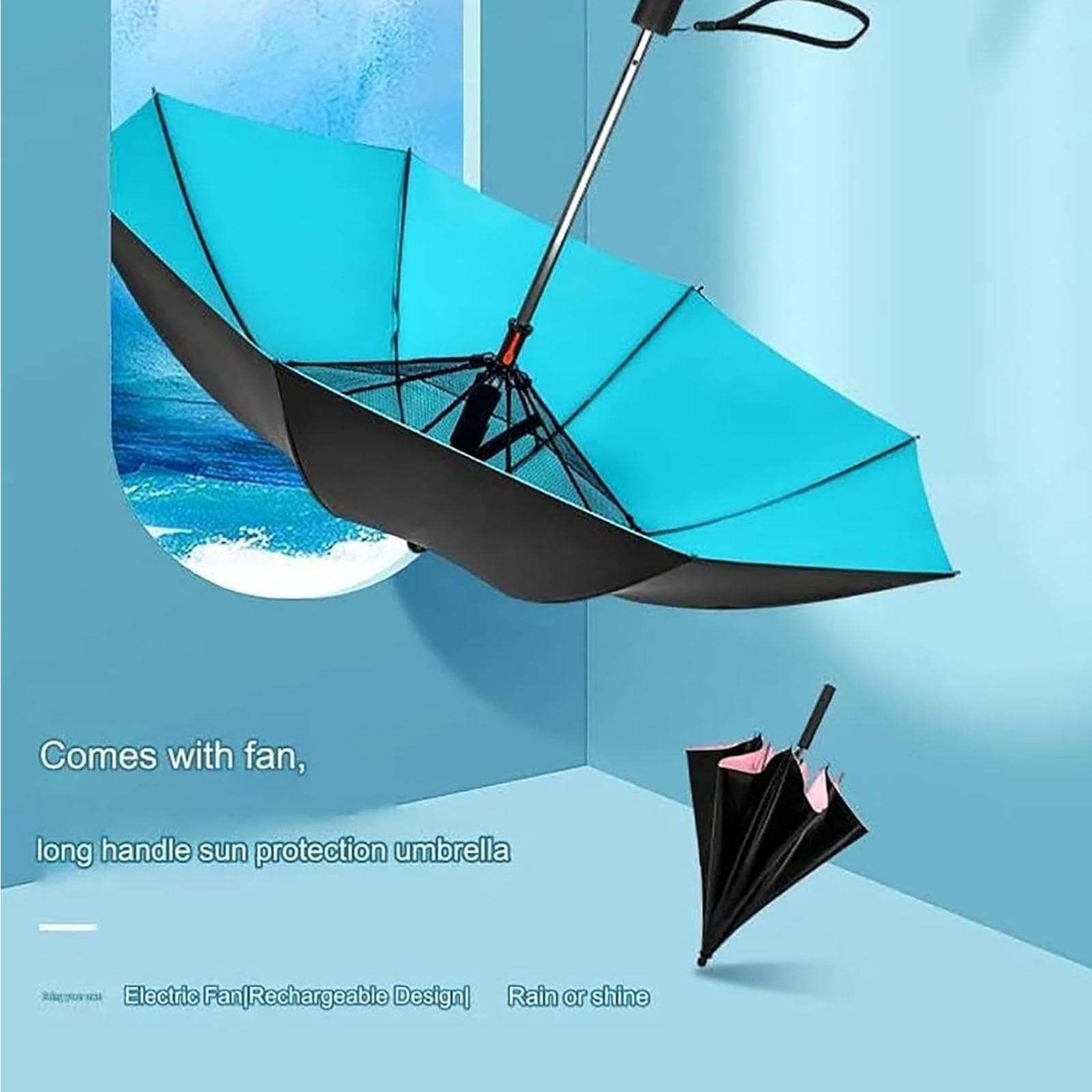 3-in-1 USB Rechargeable Cooling Umbrella with Fan & Mist Spray - UV Protection Sun Umbrella for Outdoor Activities, Beach, Hiking & Summer Travel