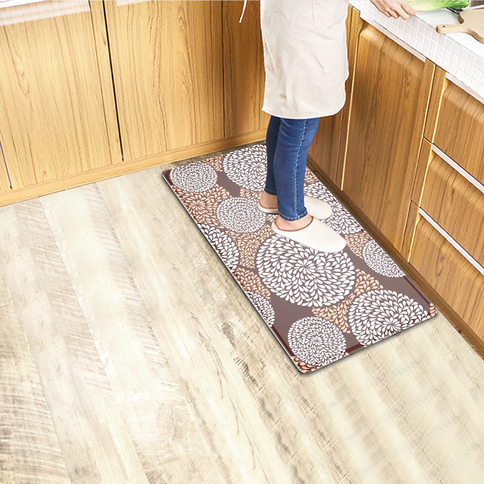 Artnice Non-Slip Kitchen Rug - Brown Floral Anti-Fatigue Mat with Waterproof Memory Foam, Ergonomic Standing Mat for Home Kitchen, Laundry & Workstations (17.5