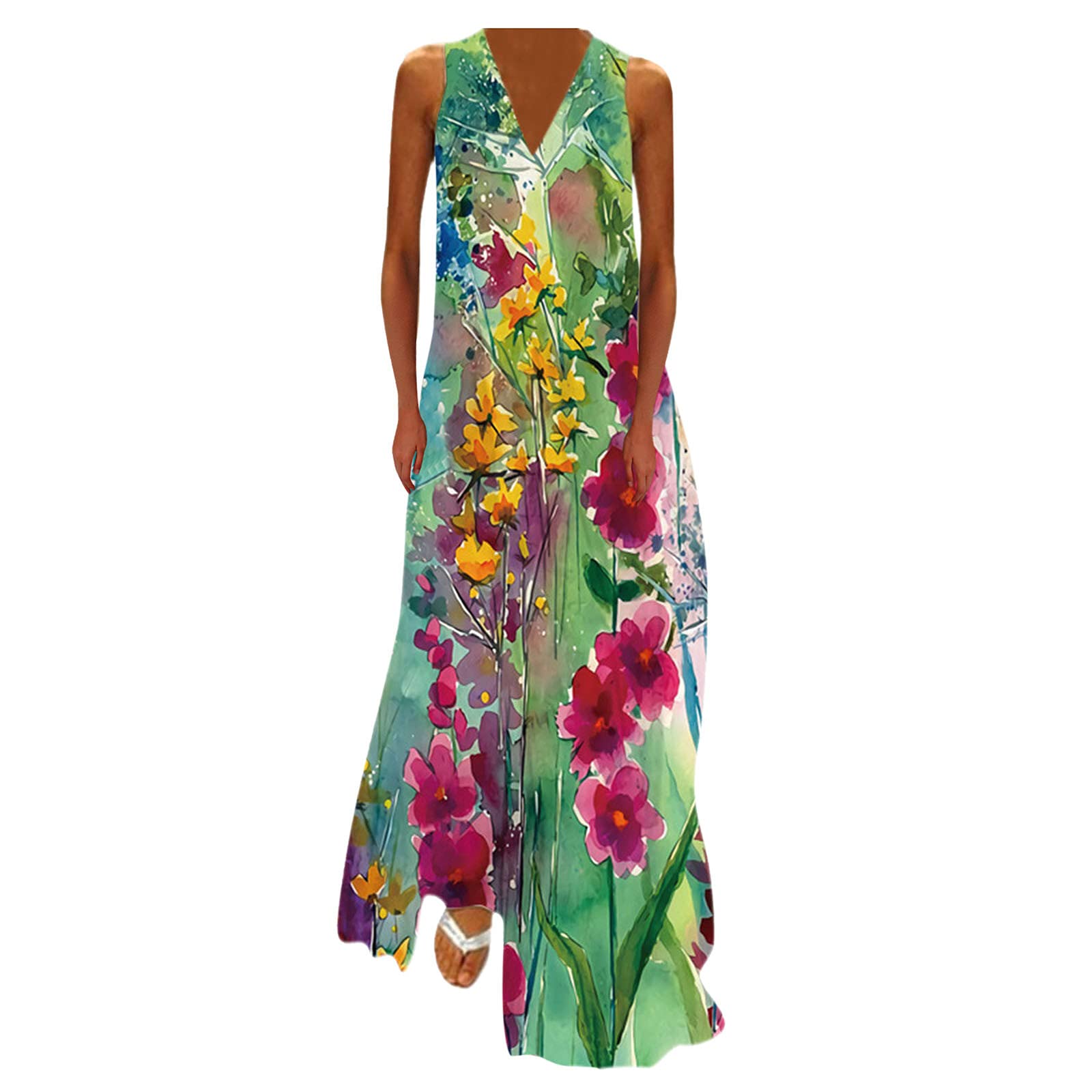 Eduavar Women's Floral Print Sleeveless Maxi Dress - Casual Loose Beach Dress with Pockets | Perfect for Summer Vacations, Outdoor Parties & Boho Style Outfits