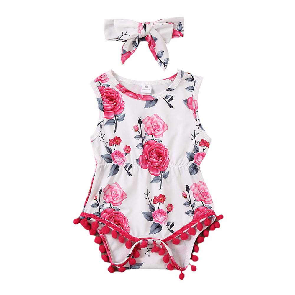 Newborn Baby Girl Summer Floral Romper Outfit - Sleeveless Jumpsuit with Tassel & Headband - Perfect for Photoshoots, Parties & Daily Wear