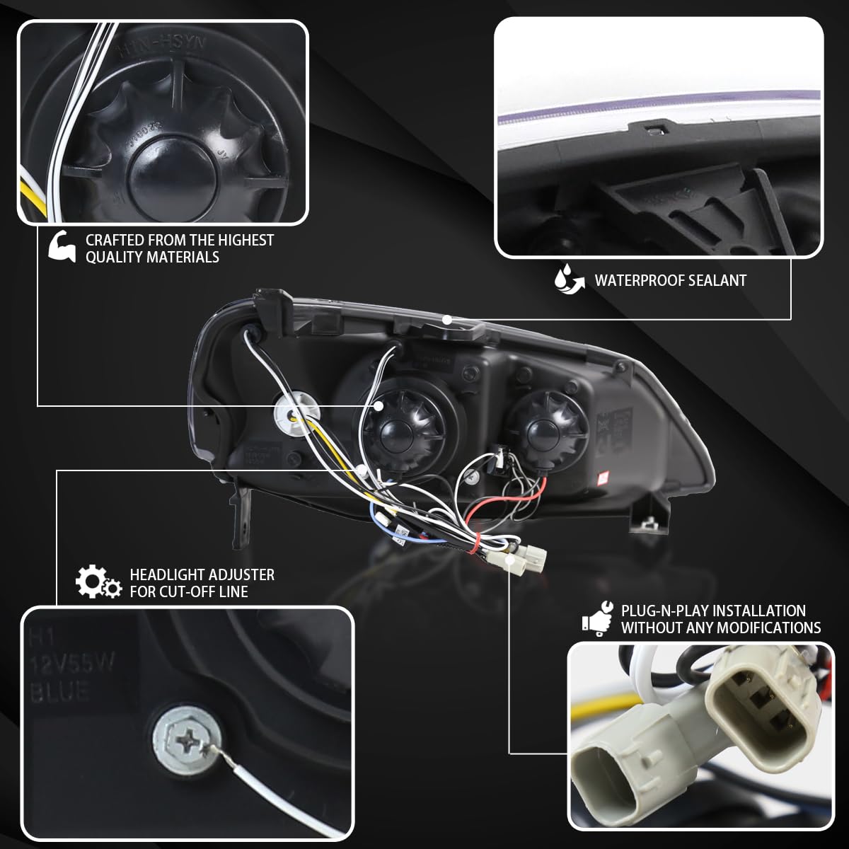 AUTOZENSATION Black Projector Headlights Assembly - Compatible with 2001-2003 Honda Civic Coupe & Sedan (Left+Right Pair) | Durable Replacement Headlamps for Night Driving & Enhanced Visibility