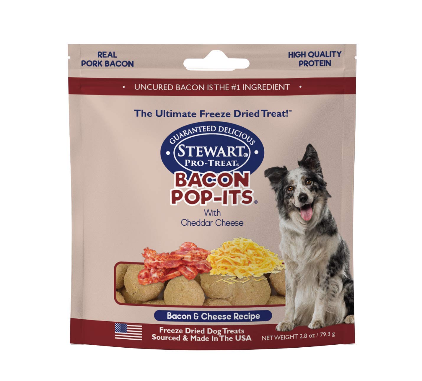Premium Stewart Bacon Pop-Its Freeze-Dried Dog Treats - Limited Ingredient, Made in USA - Resealable Tub for Freshness - Bacon & Cheese Flavor (2.8 oz) - Perfect for Training, Rewards & Dental Health