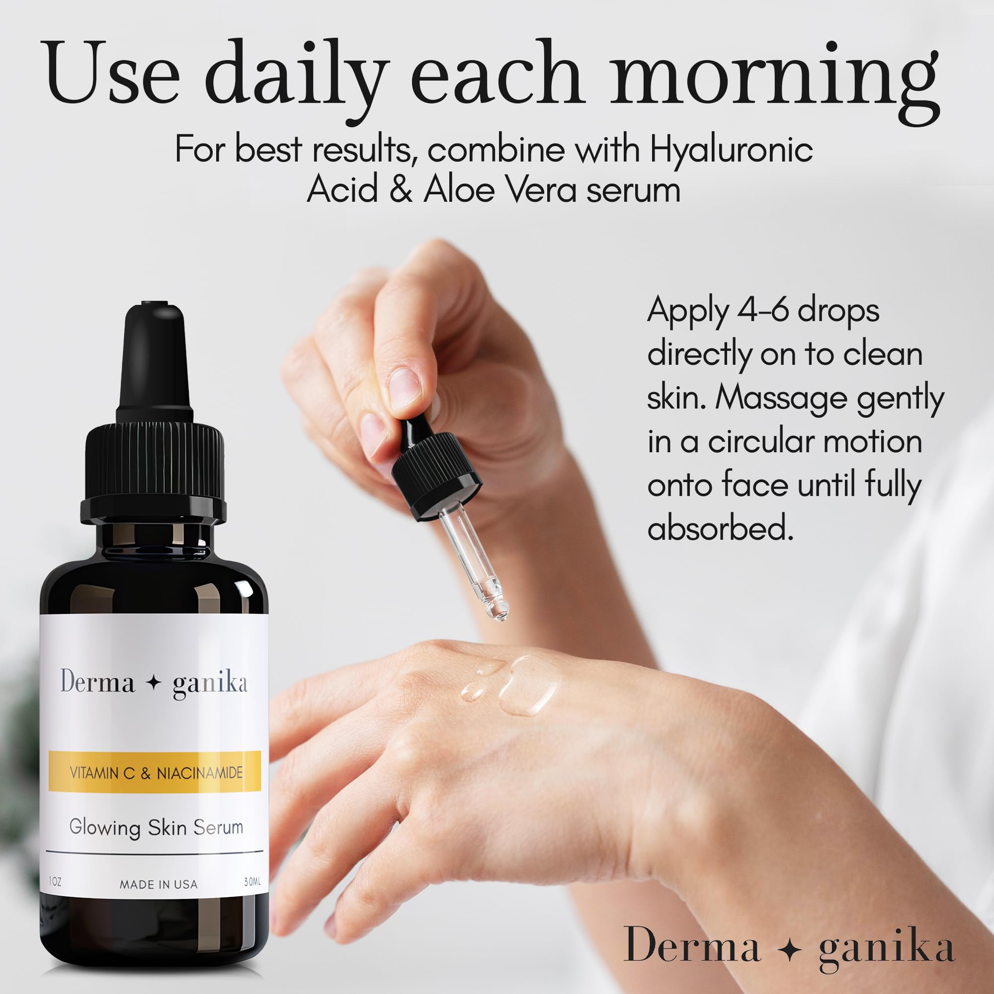 Derma Ganika Vitamin C & Niacinamide Serum for Face - USA Made Brightening & Anti-Aging Serum | Boosts Collagen, Evens Skin Tone, Reduces Dark Spots & Hyperpigmentation | Perfect for Daily Skincare Routine & Nighttime Use