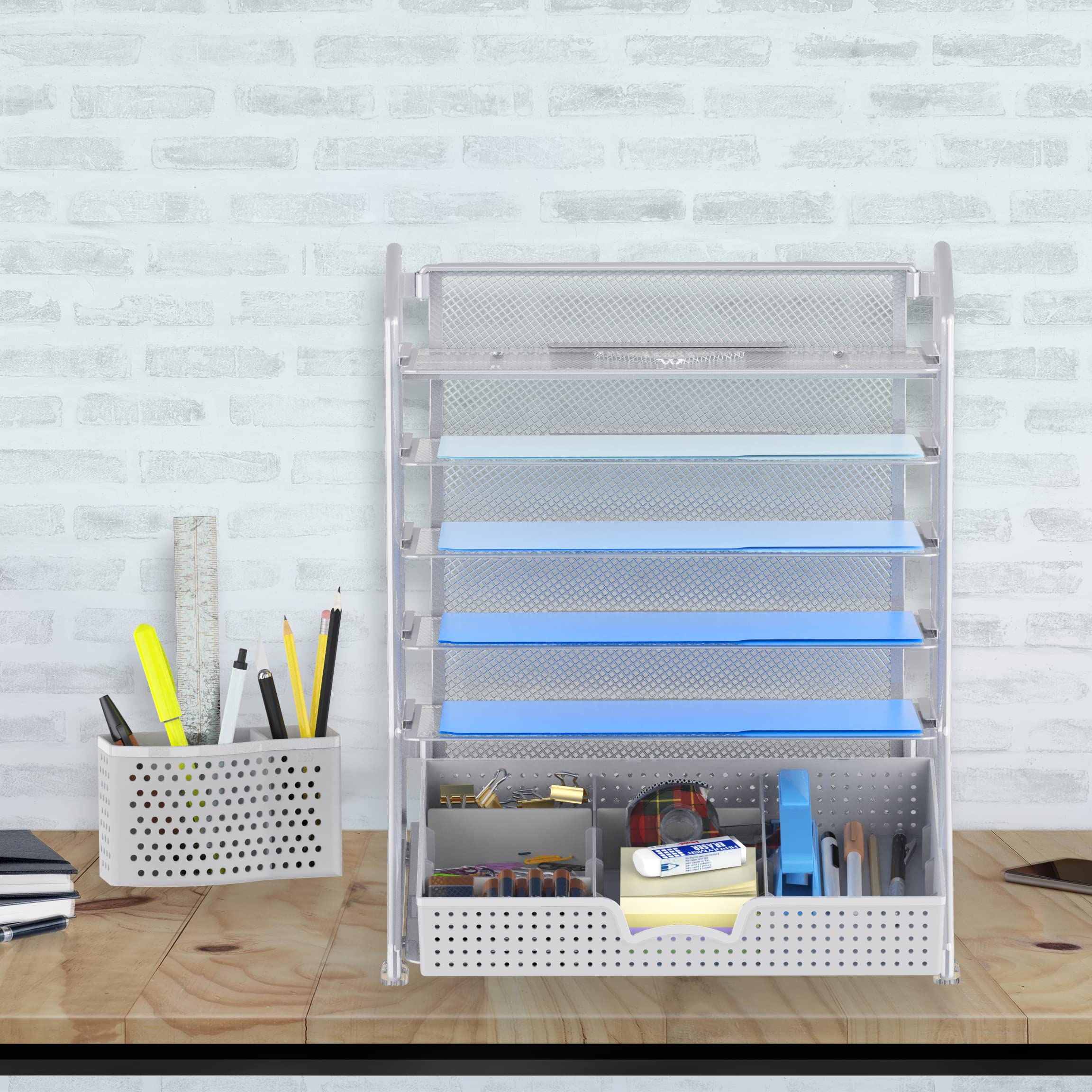 Simple Houseware 6-Tier Desk Organizer with Sliding Drawer - Silver Metal File Tray for Office Documents, Mail & Supplies | Perfect for Home Office, School & Workplace Organization