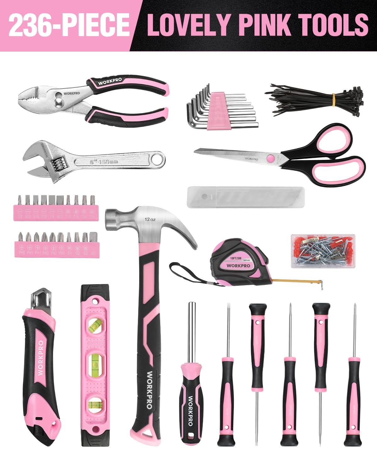 WORKPRO 236-Piece Pink Tool Kit with Carrying Pouch - Household & DIY Tool Set for Women, Home Maintenance, Repairs - Perfect for Gifts, Crafting, and Small Projects