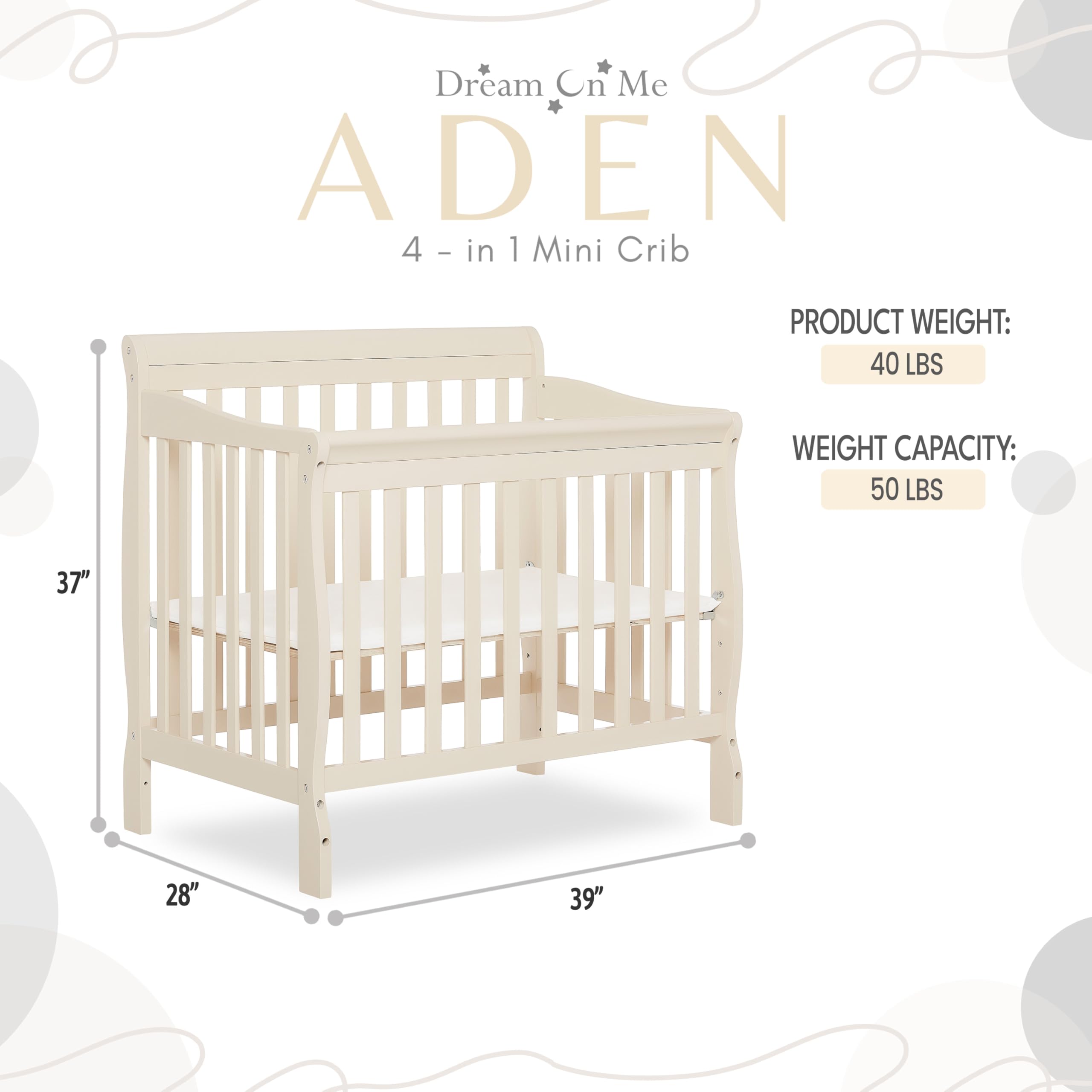 Dream On Me Aden 4-in-1 Convertible Mini Crib - French White | Greenguard Gold Certified | Non-Toxic New Zealand Pinewood | 3 Adjustable Mattress Heights | Perfect for Nursery, Small Spaces & Travel